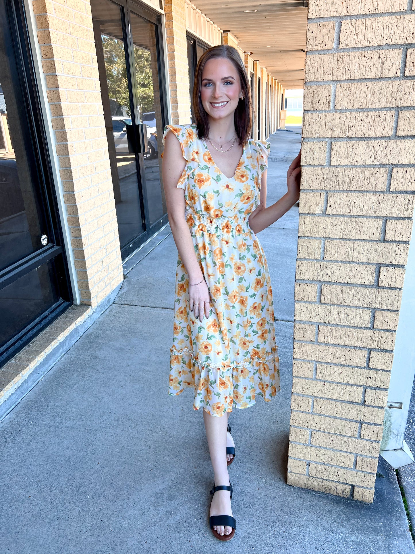 Josie Ruffled Sleeve Floral Print Woven Smocked Waist Midi Dress-Dress-She & Sky-09/03/24,1st md,DJR,OGP 49.99,SY6497-The Twisted Chandelier