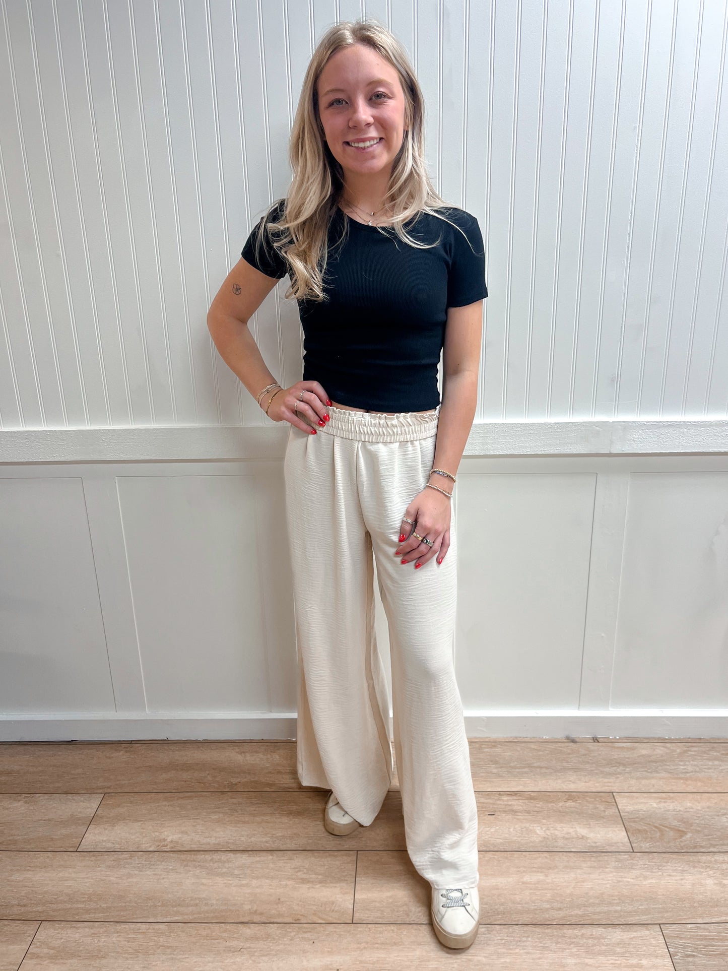 Wren Woven Airflow Elastic Waistband Pants - Sand Beige-ZENANA-bottoms-The Twisted Chandelier