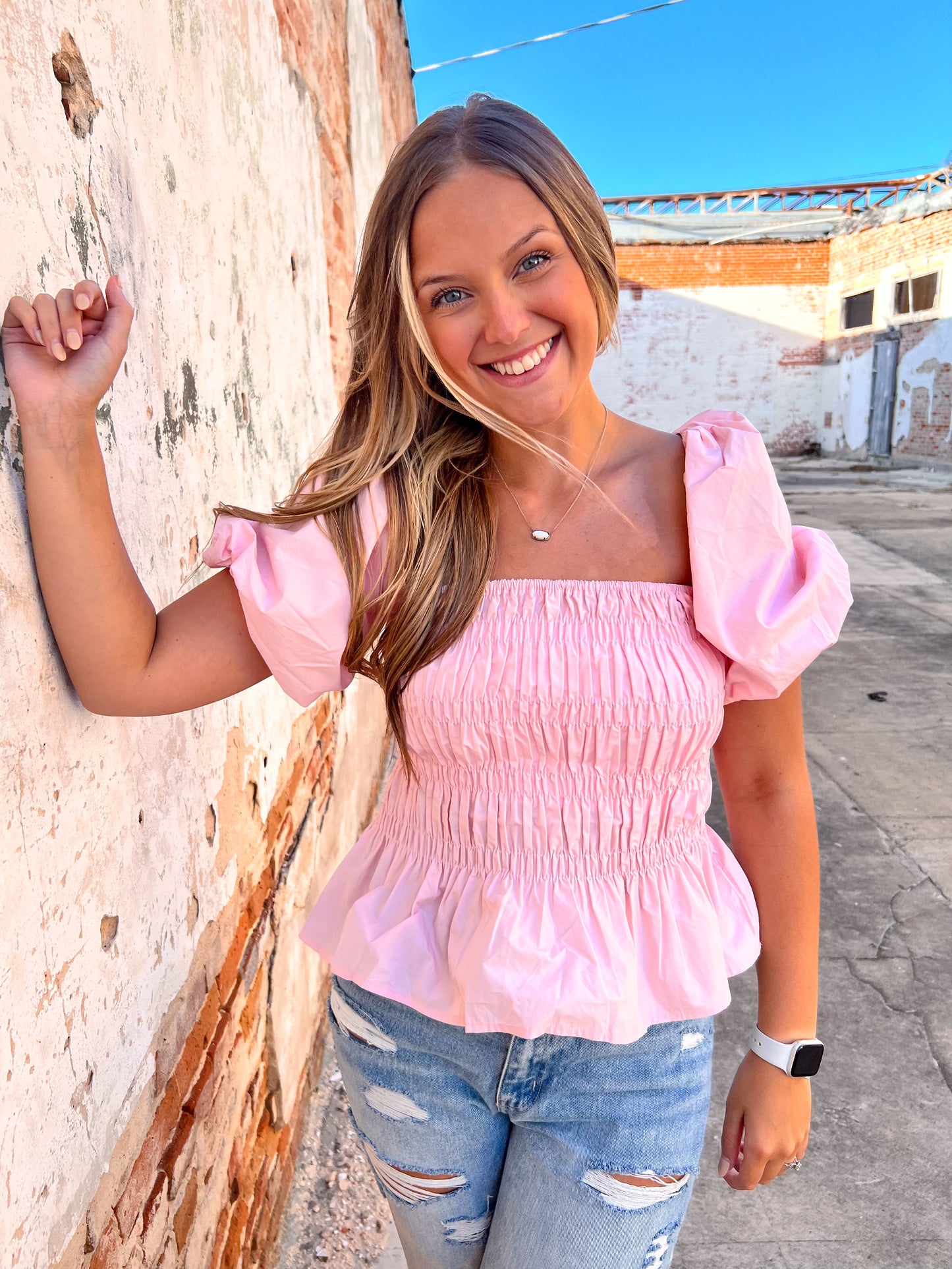 Ellery Puff Sleeve Square Neck Smocked Peplum Top-Top-BiBi-7/18/23-The Twisted Chandelier