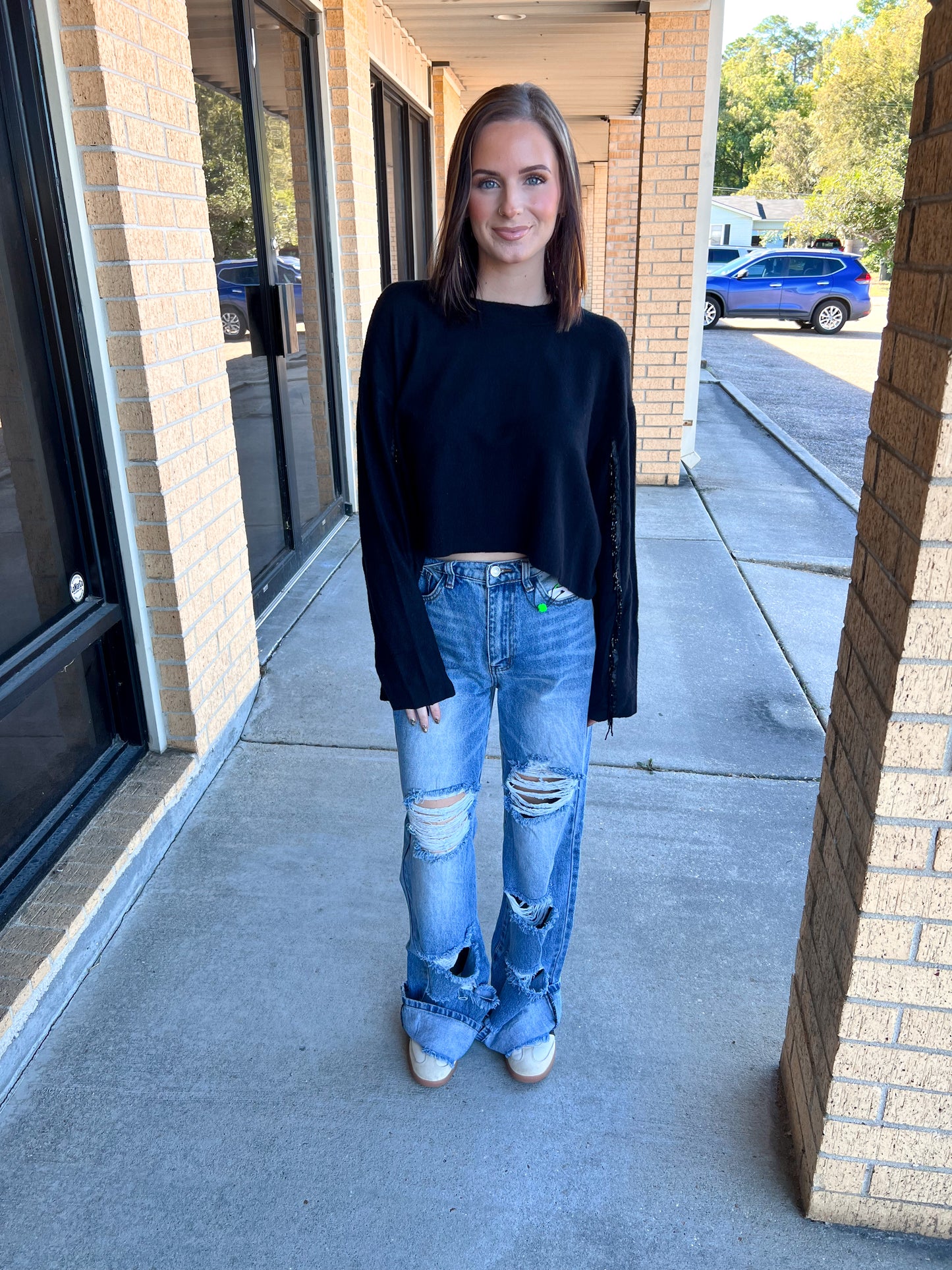 Valentina Black Sweater Rhinestone Fringed Sleeves-Sweater-Vocal-20005L,Max Retail,not on the floor only in totes,Winter Tote T1-The Twisted Chandelier