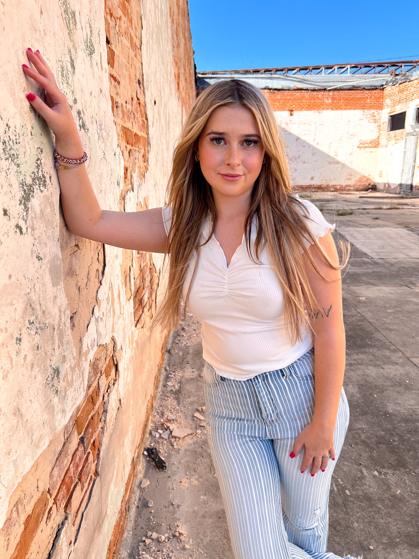 Adele Lettuce Edge V neck Cap Sleeve Top -White-T-Shirt-hyfve-09/06/23, 1st md, 2nd md, DZ23C720, md 7/30-The Twisted Chandelier