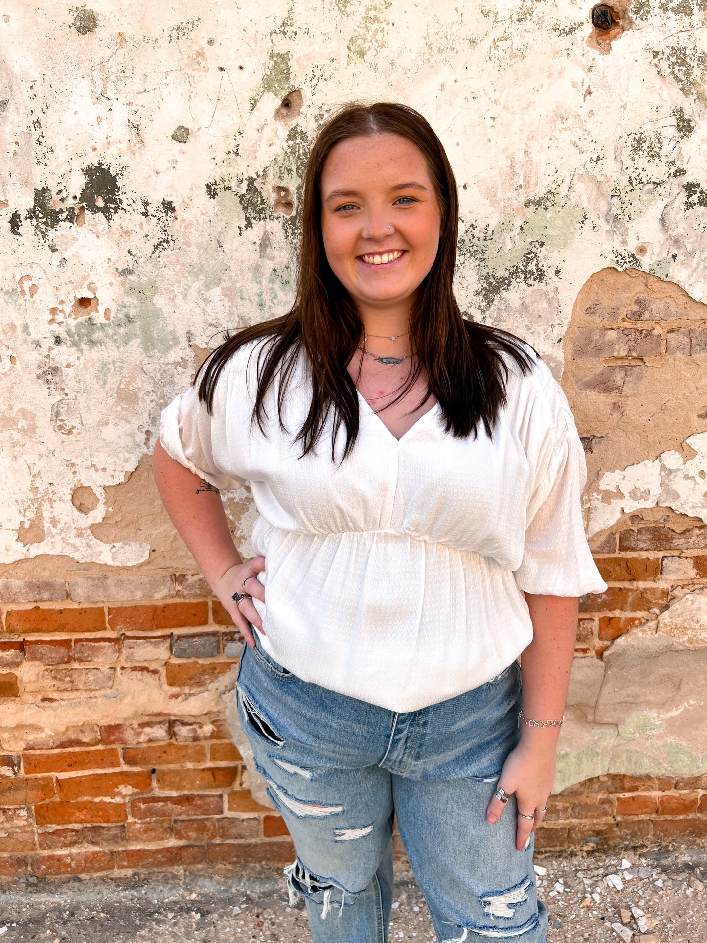 Kylie V-Neck Blouse Textured Baby Doll Top- Plus-BLOUSE TOP-Heyson-bin c2-The Twisted Chandelier