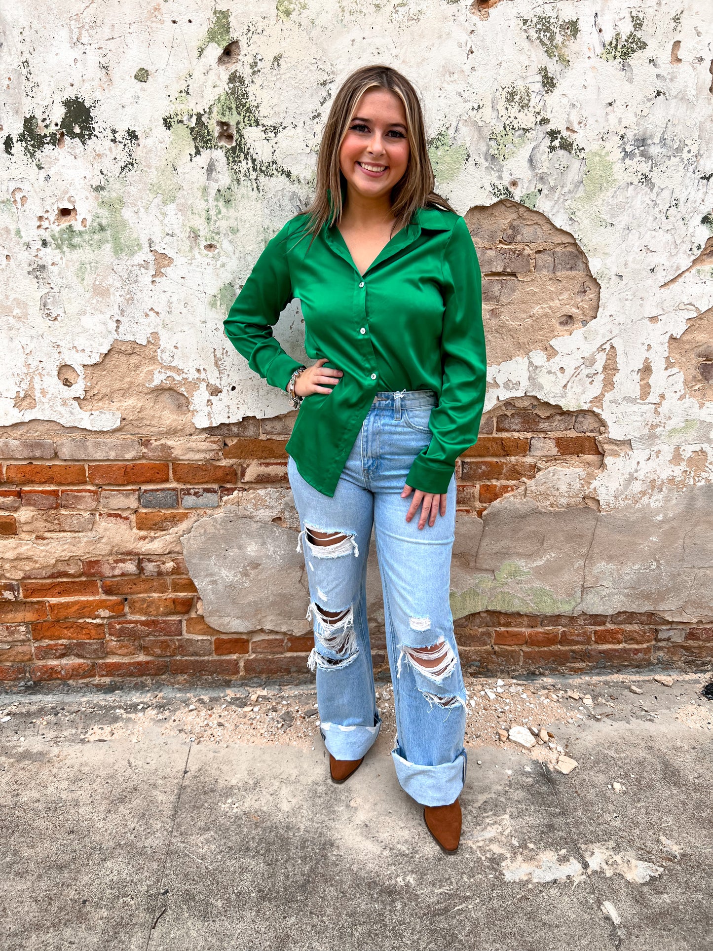 Lillie Green Silk Long Sleeve Top-TOPS-Your Fashion Wholesale-bin c3-The Twisted Chandelier