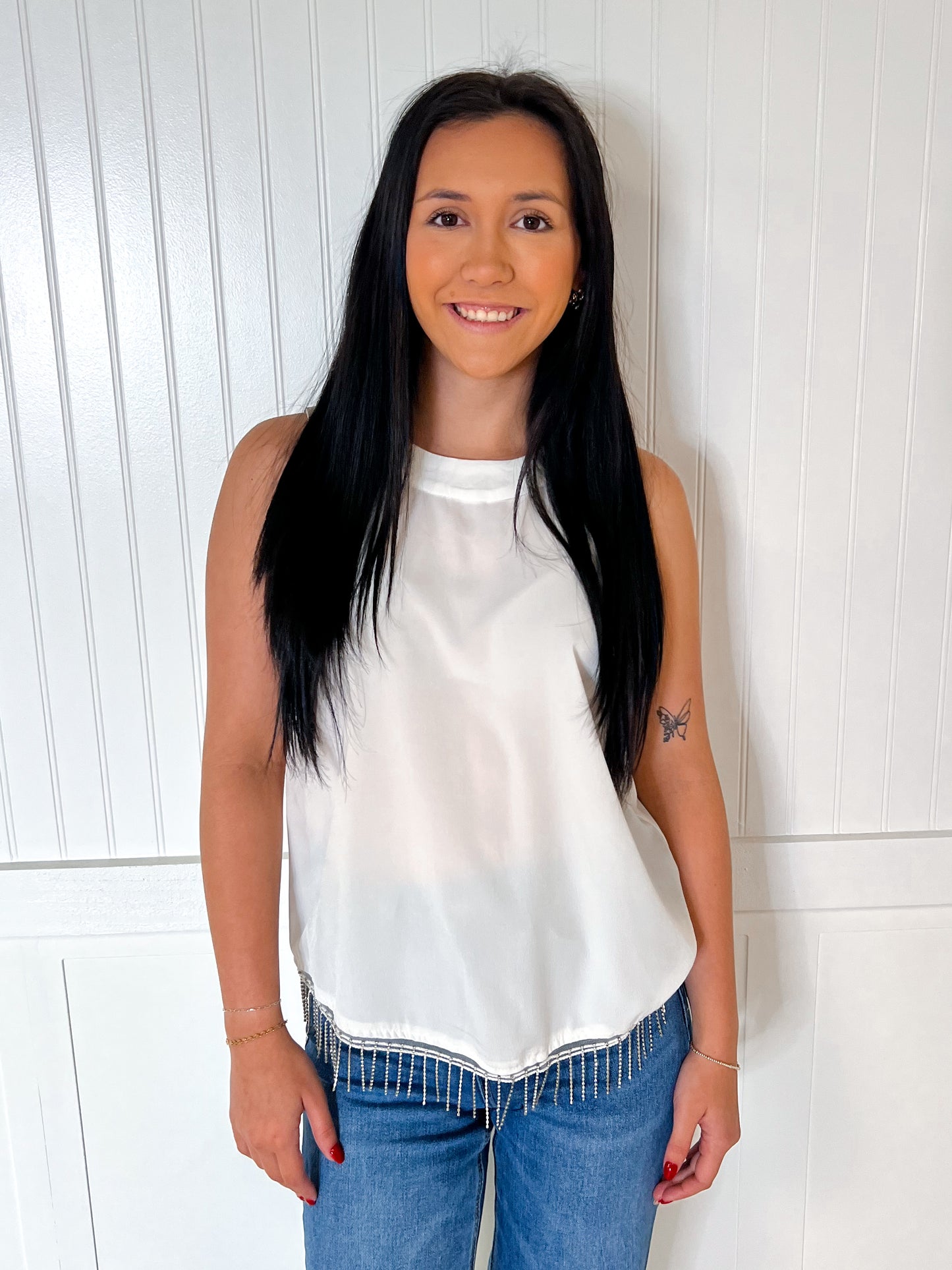 Maelani White Top With Rhinestone Fringe-Shirt-Southern Grace Wholesale-04/21/25,05/25/24,1st md,6/27/23,Max Retail,Tops Collection,western & concert-The Twisted Chandelier