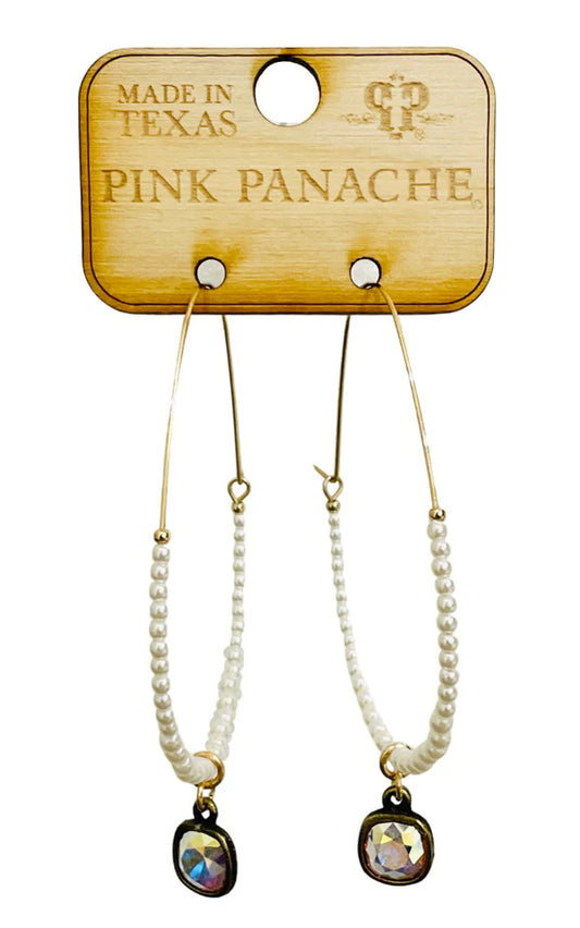 Pink Panache Gold Wire and Tiny Pearl Hoop Earring with 8mm Bronze/AB Cushion Cut Drop-Hoop Earrings-Pink Panache-Created - 01/15/24-The Twisted Chandelier
