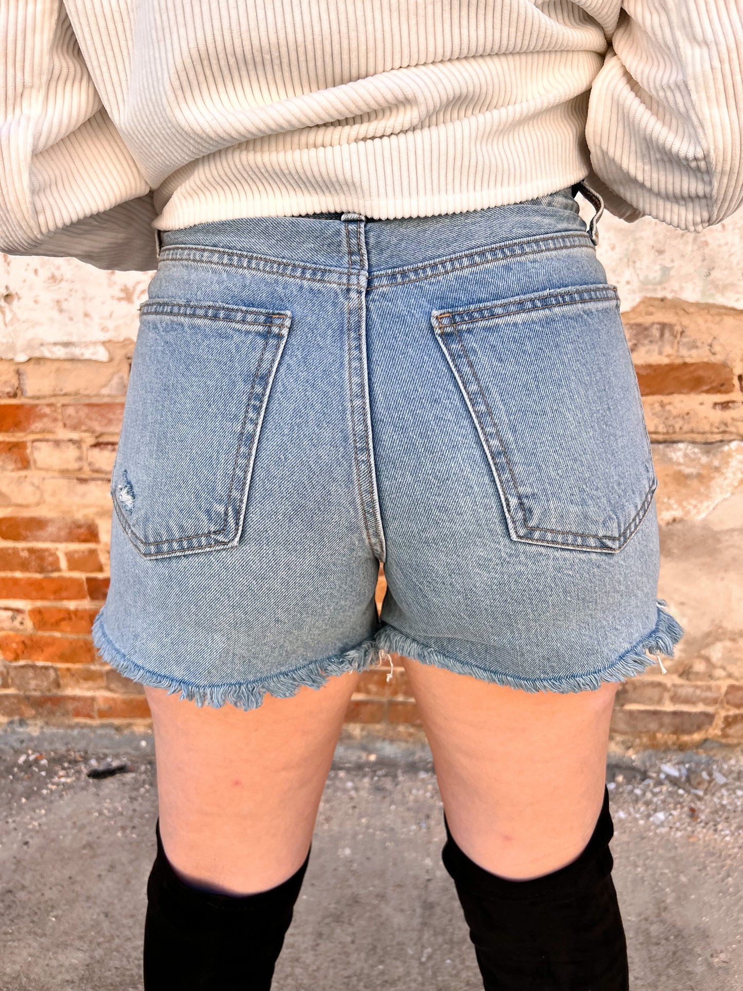 Kirby Light Denim Destroyed Shorts-Shorts-just black denim-7/11/23, BIN D5-The Twisted Chandelier