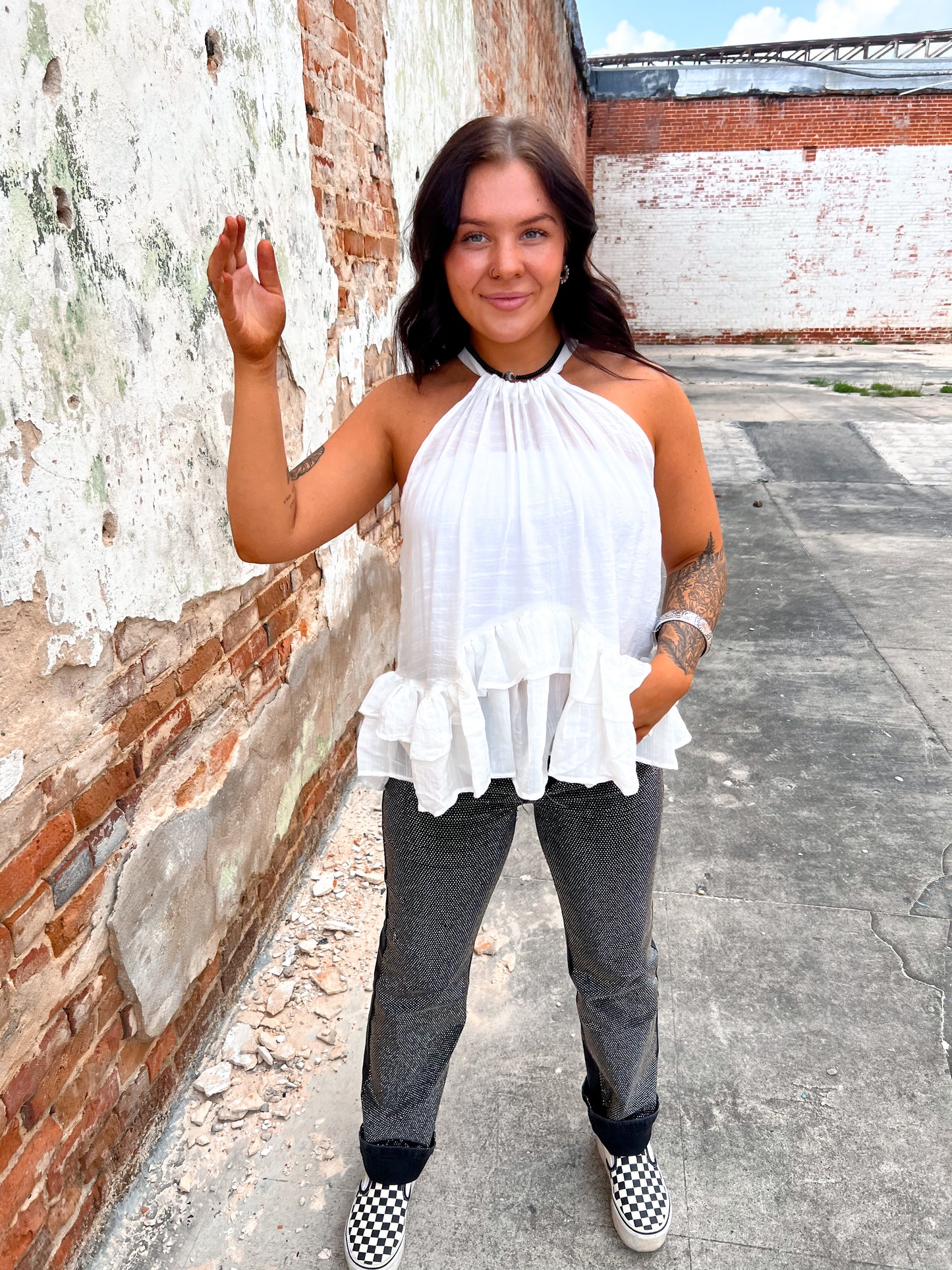 Mikayla Halter Ruffle Sleevless Blouse Top-Top-mazik-04/25,05/27/24,1st md,Bin a4,Max Retail,not on the floor only in the bins,Tops Collection-The Twisted Chandelier