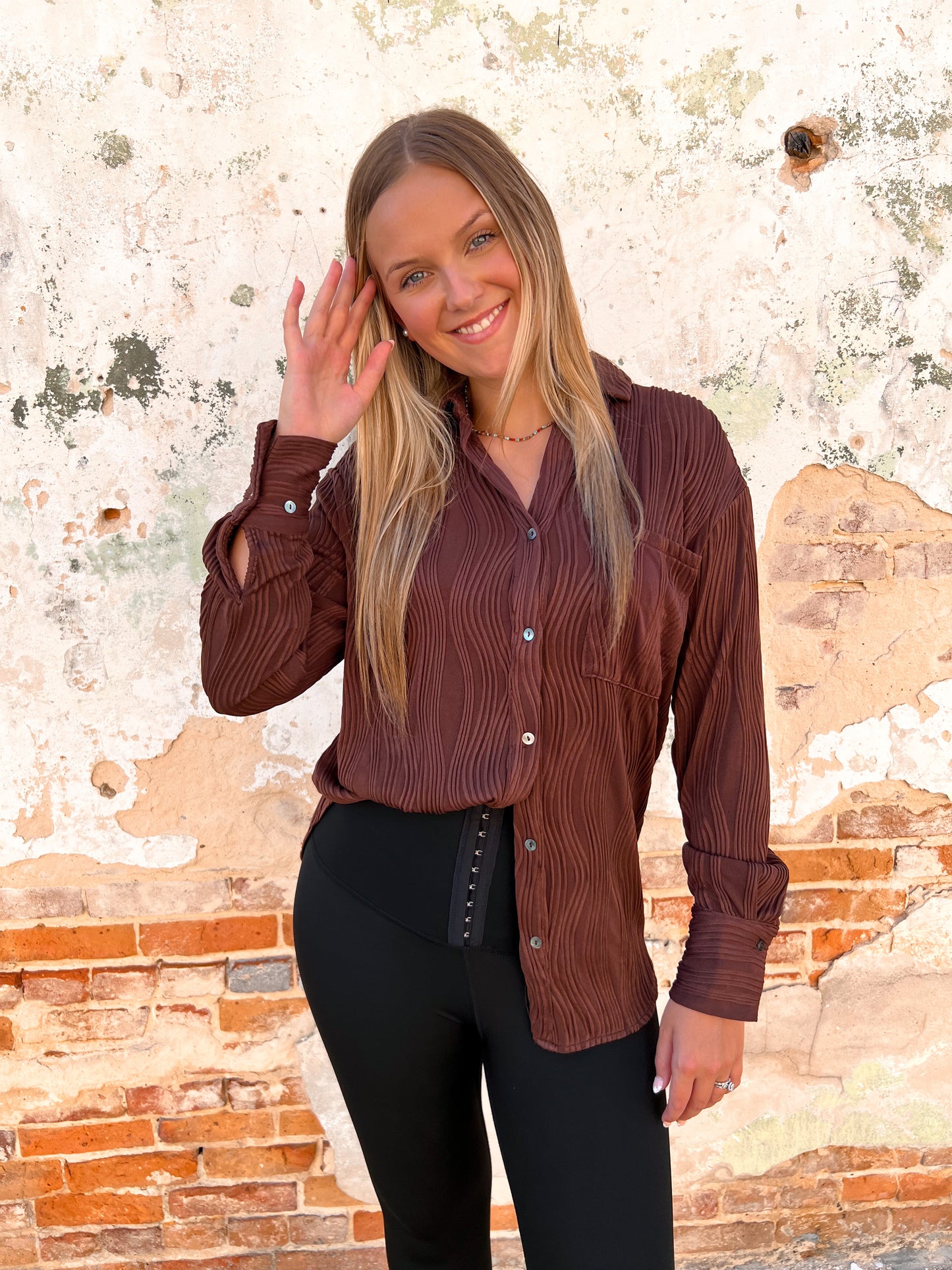 Bella Solid Textured Long Sleeve Button Up Top - Chocolate-TOP-Entro-Max Retail-The Twisted Chandelier