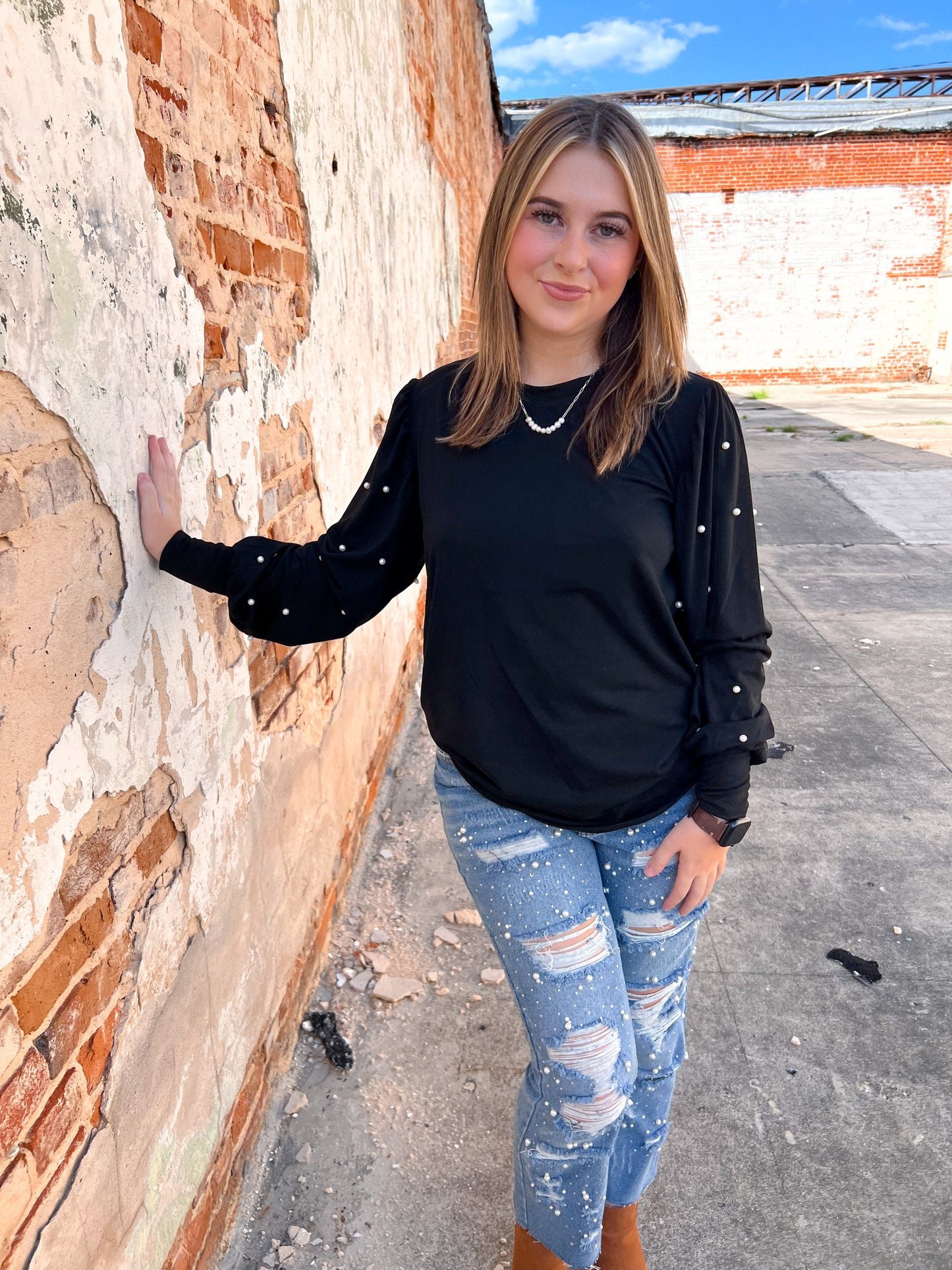 Ingrid Pearl Embellished Long Sleeve Top-Top-Your Fashion Wholesale-11/28/23 md, 1st md-The Twisted Chandelier