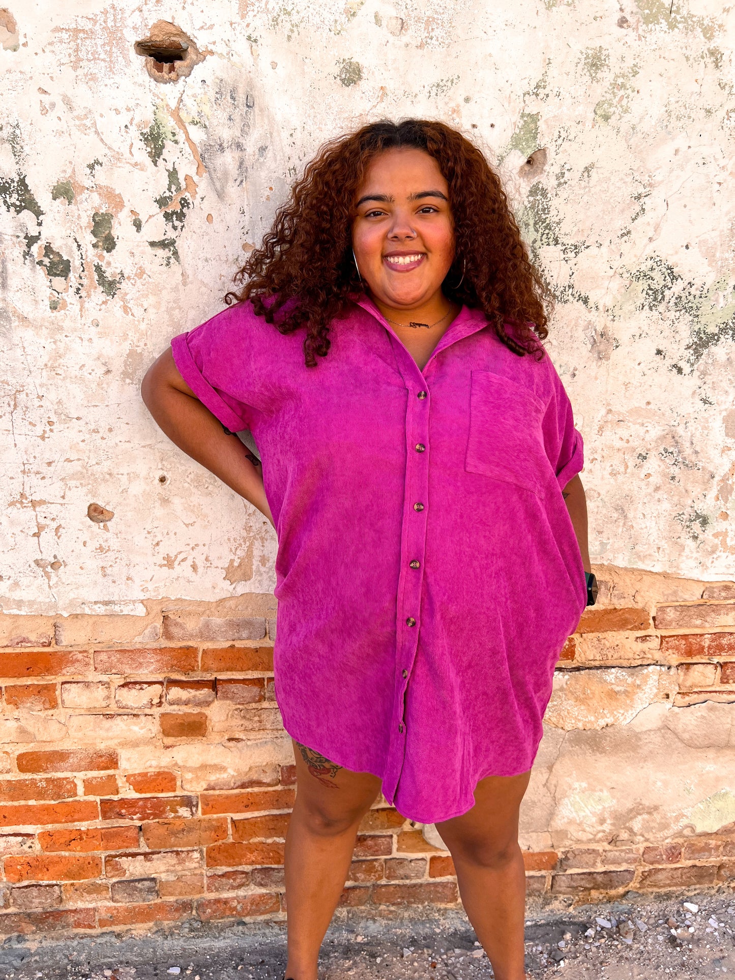 Samantha Solid corduroy button down short sleeve dress- Plus-dress-Entro-11/28/23 md, 1st md, BIN A3-The Twisted Chandelier