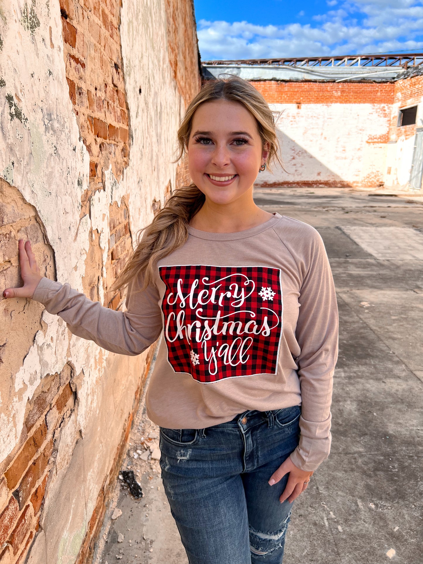 Merry Christmas Y'all Buffalo Plaid on Beige Top-BLOUSE TOP-Southern Grace Wholesale-BIN C4-The Twisted Chandelier