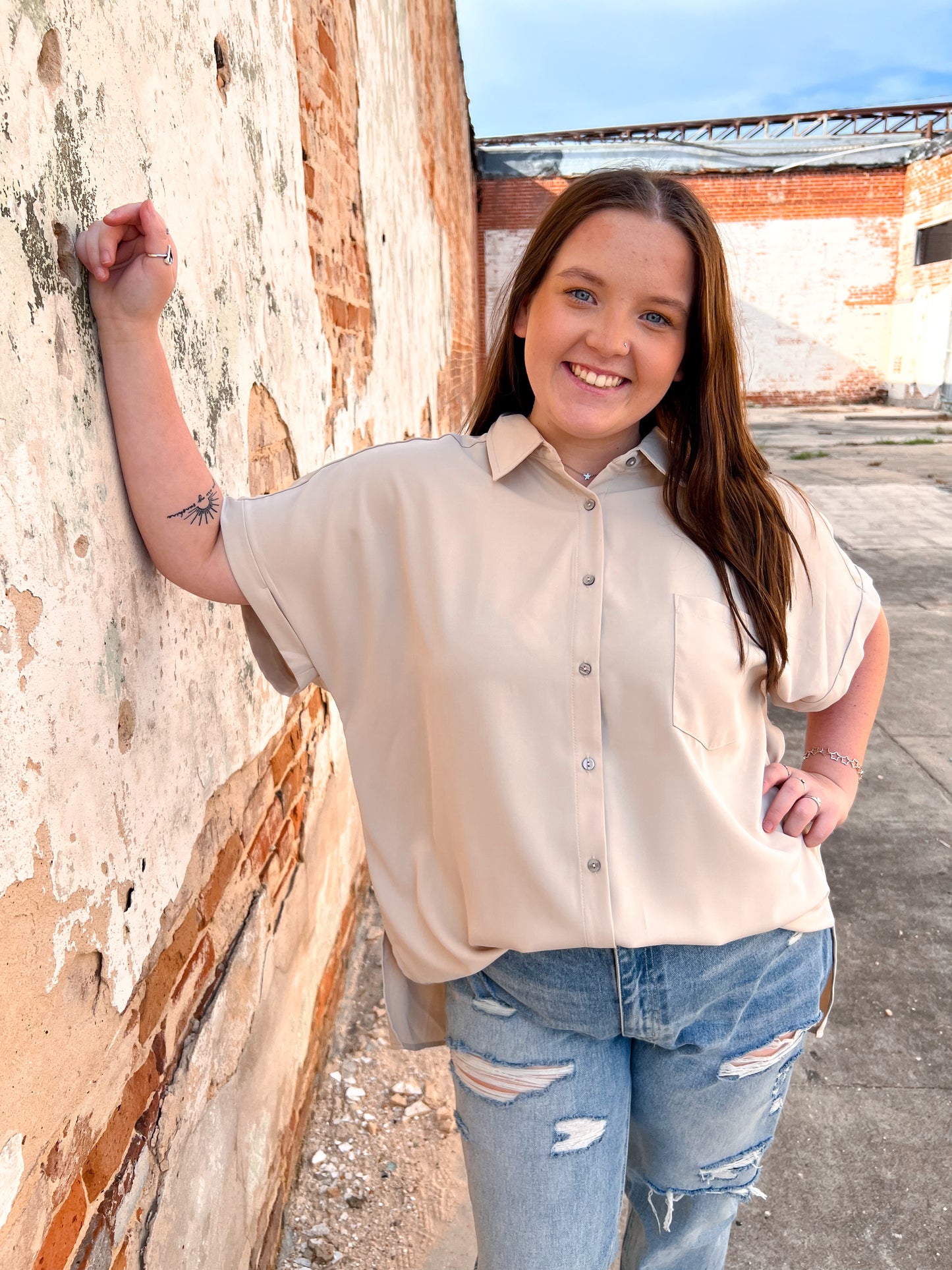 Brooklyn Solid Button Down Collared Top - Plus-BLOUSE TOP-Entro-BIN A3-The Twisted Chandelier