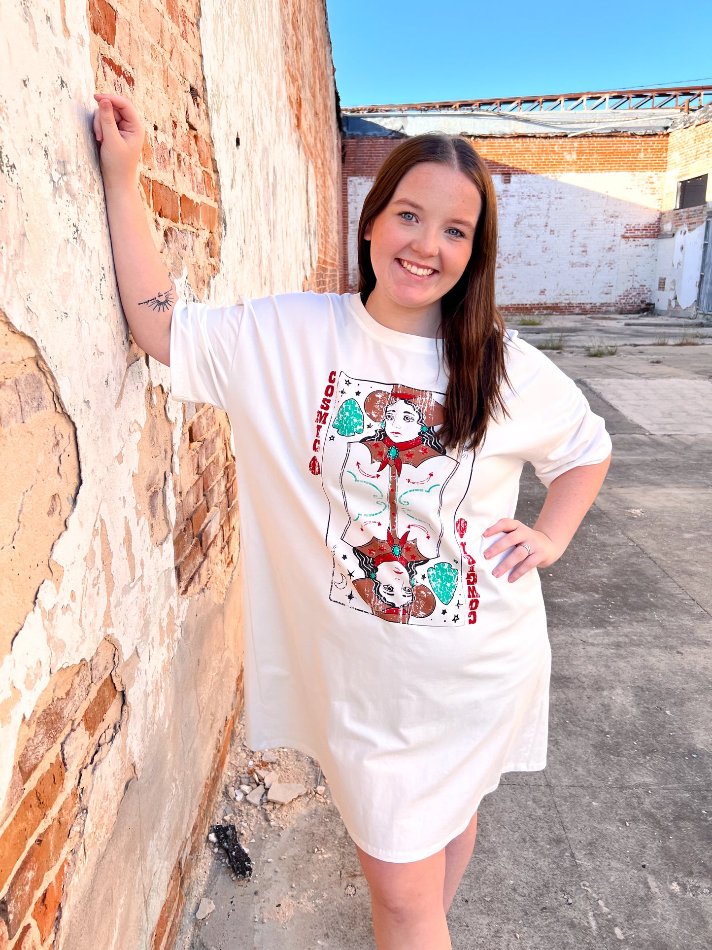 Cosmic Cowgirl On White Tee-Dress-Southern Grace Wholesale-8/8/23, BIN B3-The Twisted Chandelier
