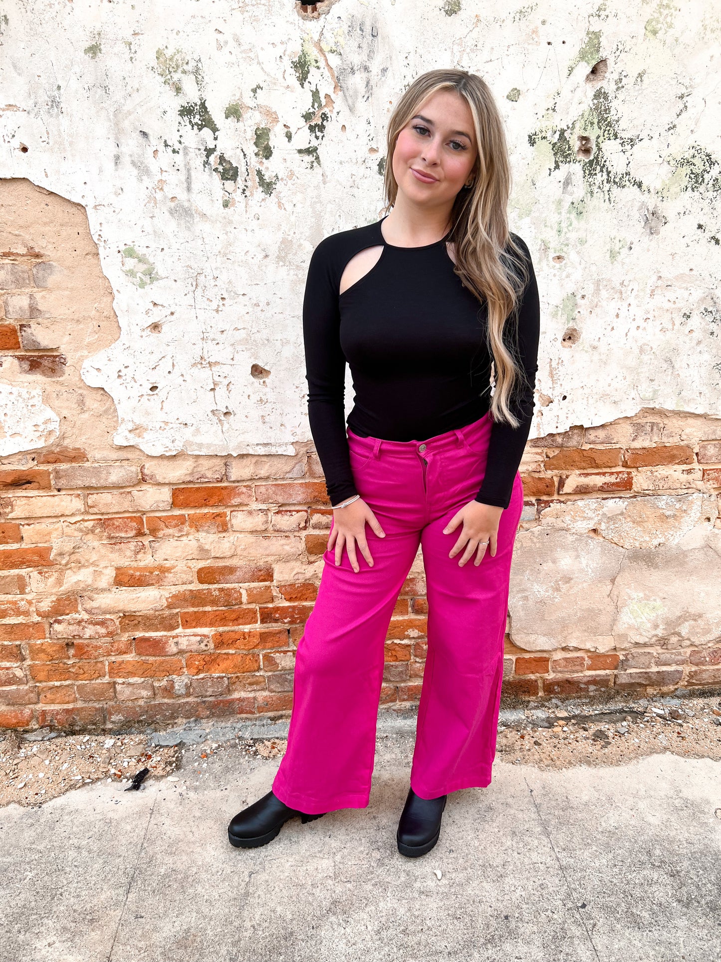 Alyssa Solid Magenta High Waisted Wide Leg Pants-Pants-Entro-8/8/23, BIN A5-The Twisted Chandelier