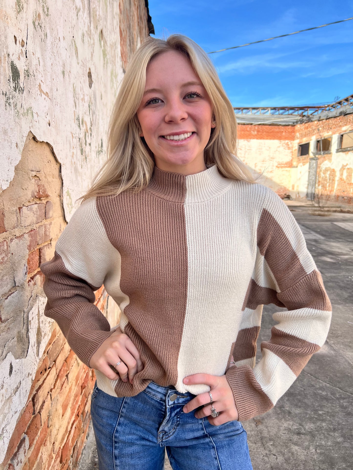 Simone Stripe Colorblock Mock Neck Sweater-Sweater-Blu Pepper-BIN A2,FD 12/31/24,not on the floor only in the bins,Tops Collection-The Twisted Chandelier