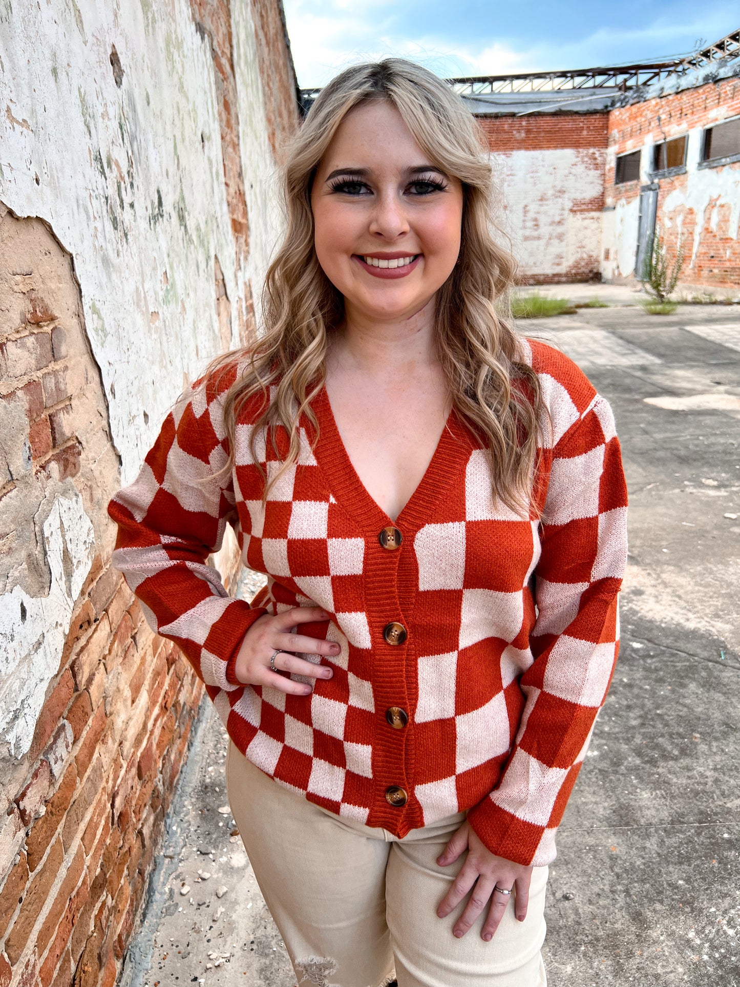 The Ophelia Orange Checkered Cardigan-Cardigan-Southern Grace Wholesale-11/11/24,1st md,5390,Bin C5,Max Retail,not on the floor only in totes,OGP 67.99-The Twisted Chandelier