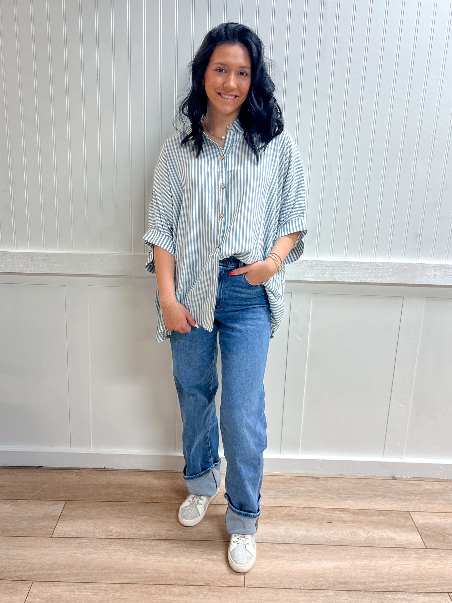 Marleigh Rayon Striped Short Sleeve Button Up Shirt-ZENANA-Tops Collection-The Twisted Chandelier