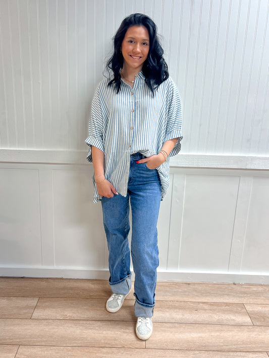 Marleigh Rayon Striped Short Sleeve Button Up Shirt-ZENANA-Tops Collection-The Twisted Chandelier