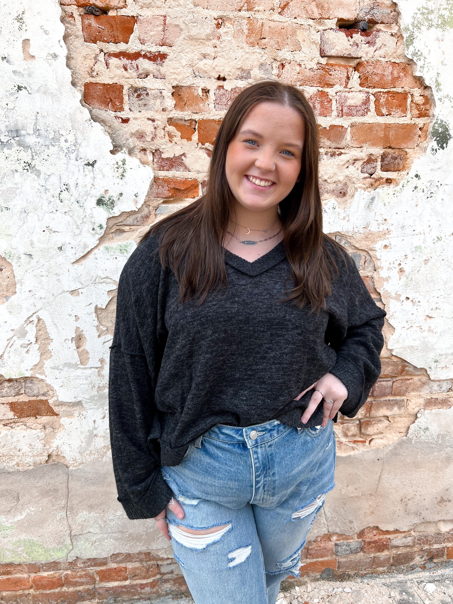 Willa V Neck Sweater - Charcoal - Plus Size-Shirts & Tops-CY Fashion-blue, FAVES, M5107, M5107P, NOV2021, t5-The Twisted Chandelier