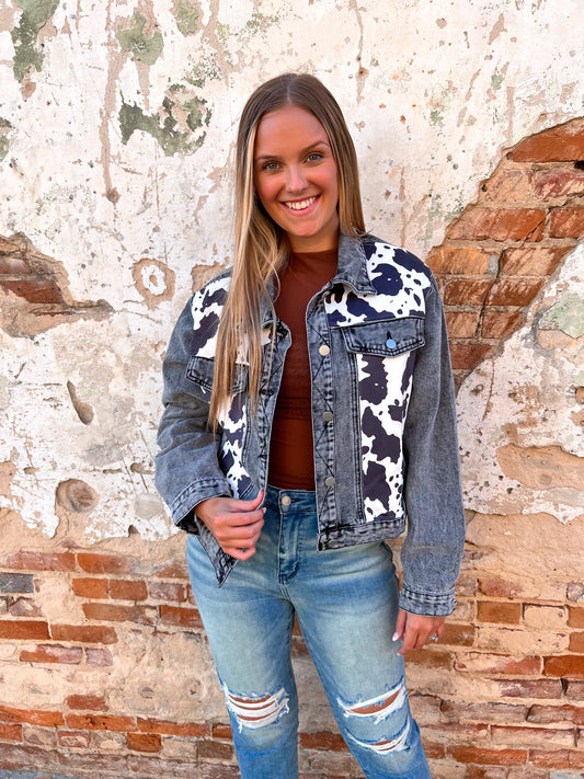 Abigail Black Denim Jacket With Cow Print Suede-Jacket-Andree-Bin b2, Max Retail-The Twisted Chandelier