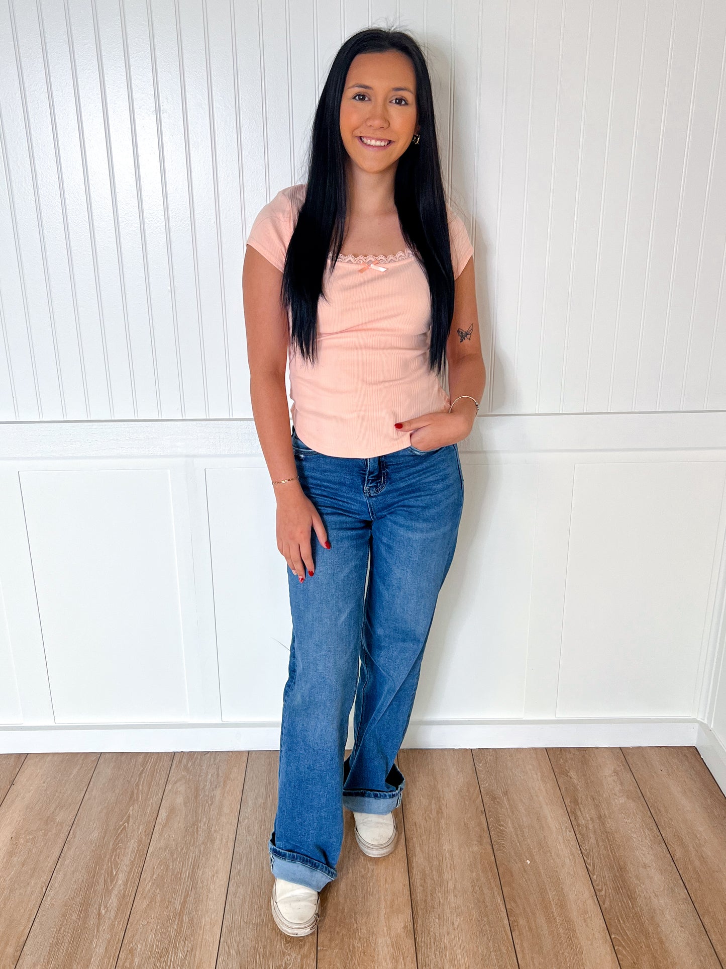 Maven Lace & Bow Trim Ribbed Knit Top - Salmon-VERY J-Bin B4,FD 07/15/25,OGP 32.50,Tops Collection-The Twisted Chandelier