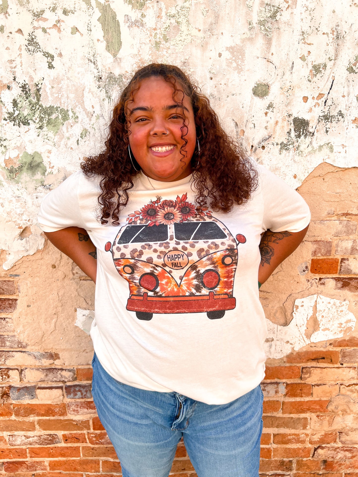 Groovy Leopard Floral Fall Bus Graphic Tee - Plus-Shirts & Tops-Kissed Apparel-white-The Twisted Chandelier