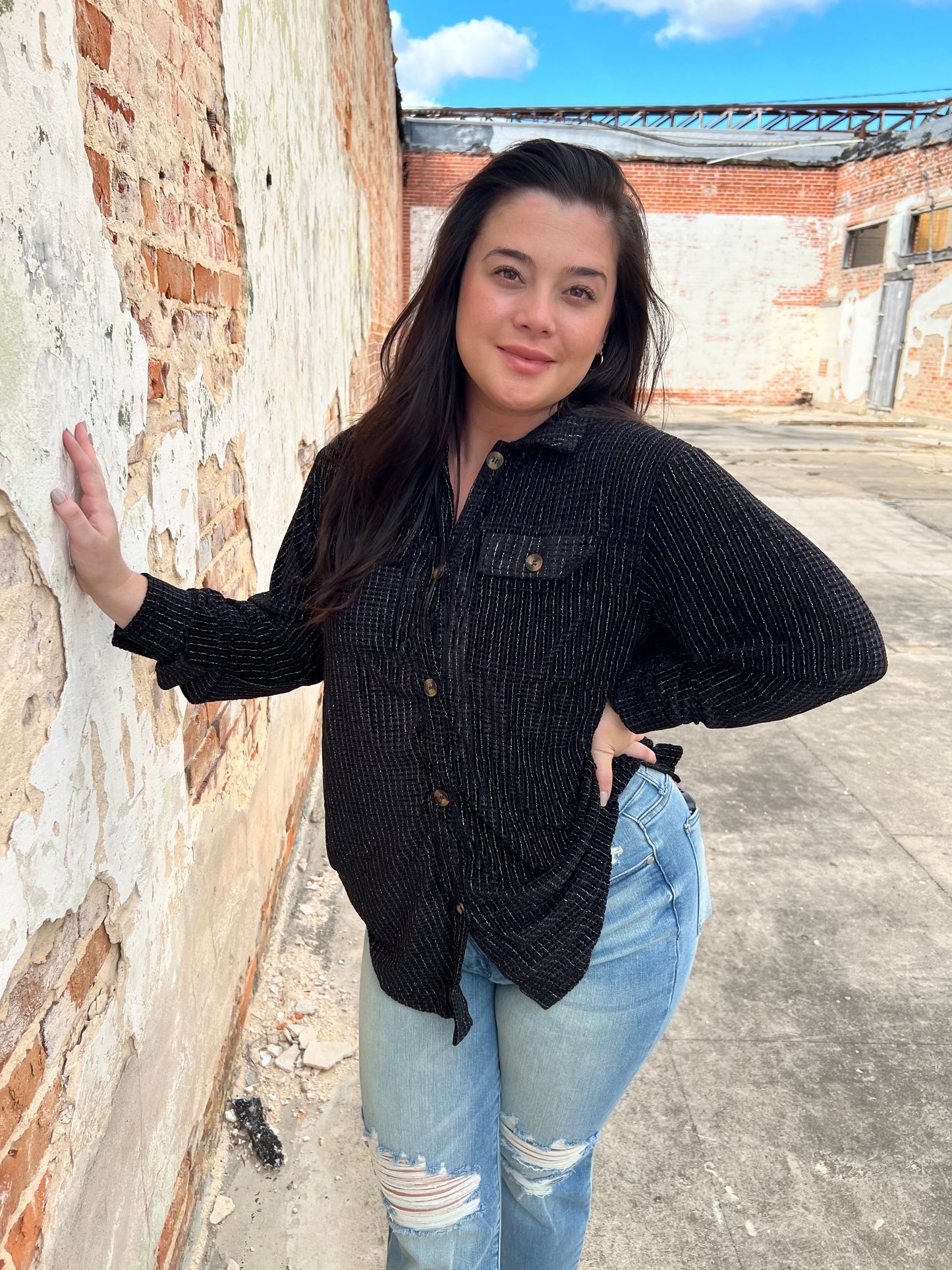 Maria Sparkly Button Up Top-Apparel & Accessories-Southern Grace Wholesale--The Twisted Chandelier