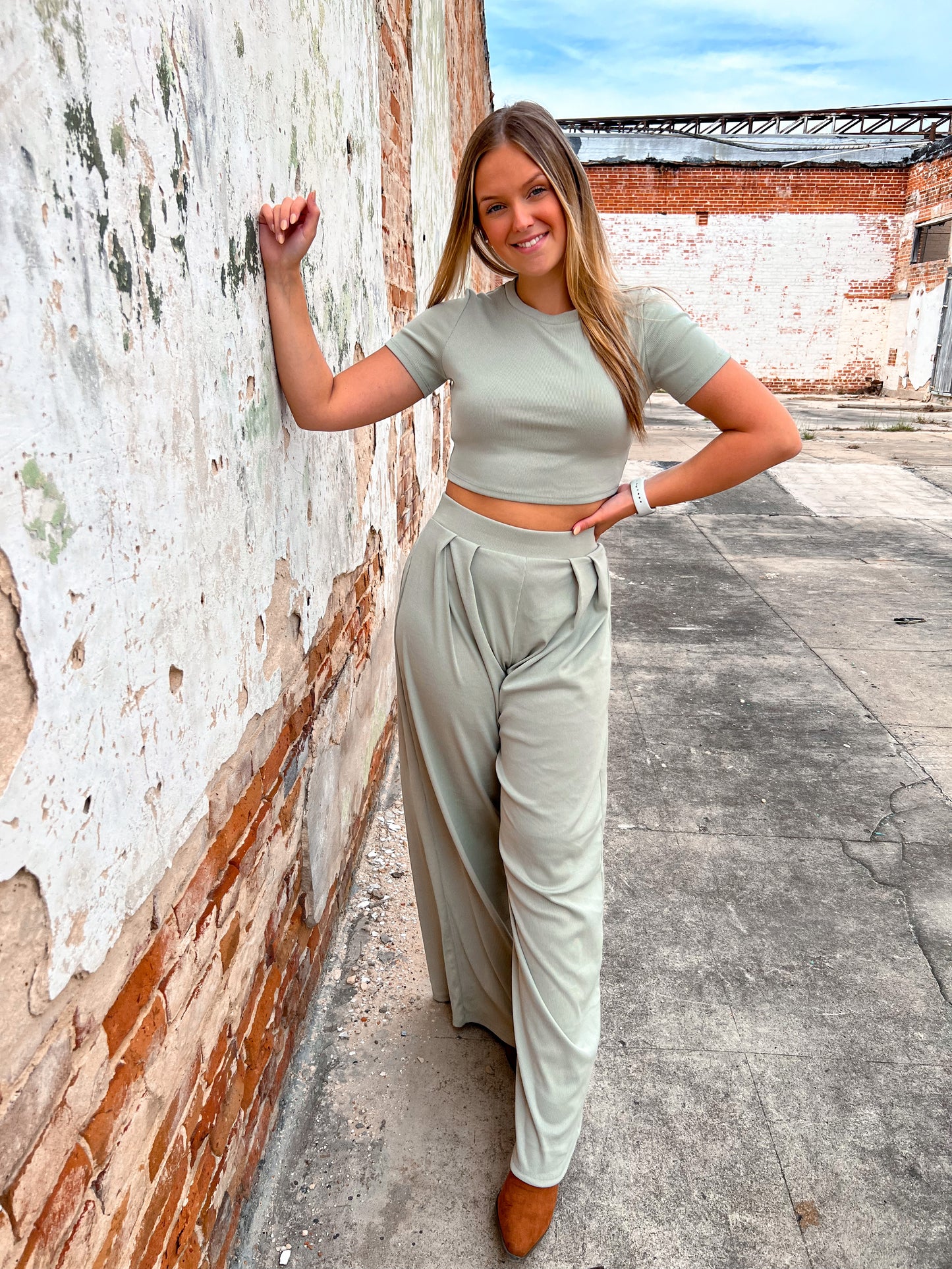 Raeleigh Crop Top and Pant Set - Sage Green-Outfit Sets-Boutique Inventory Exchange--The Twisted Chandelier