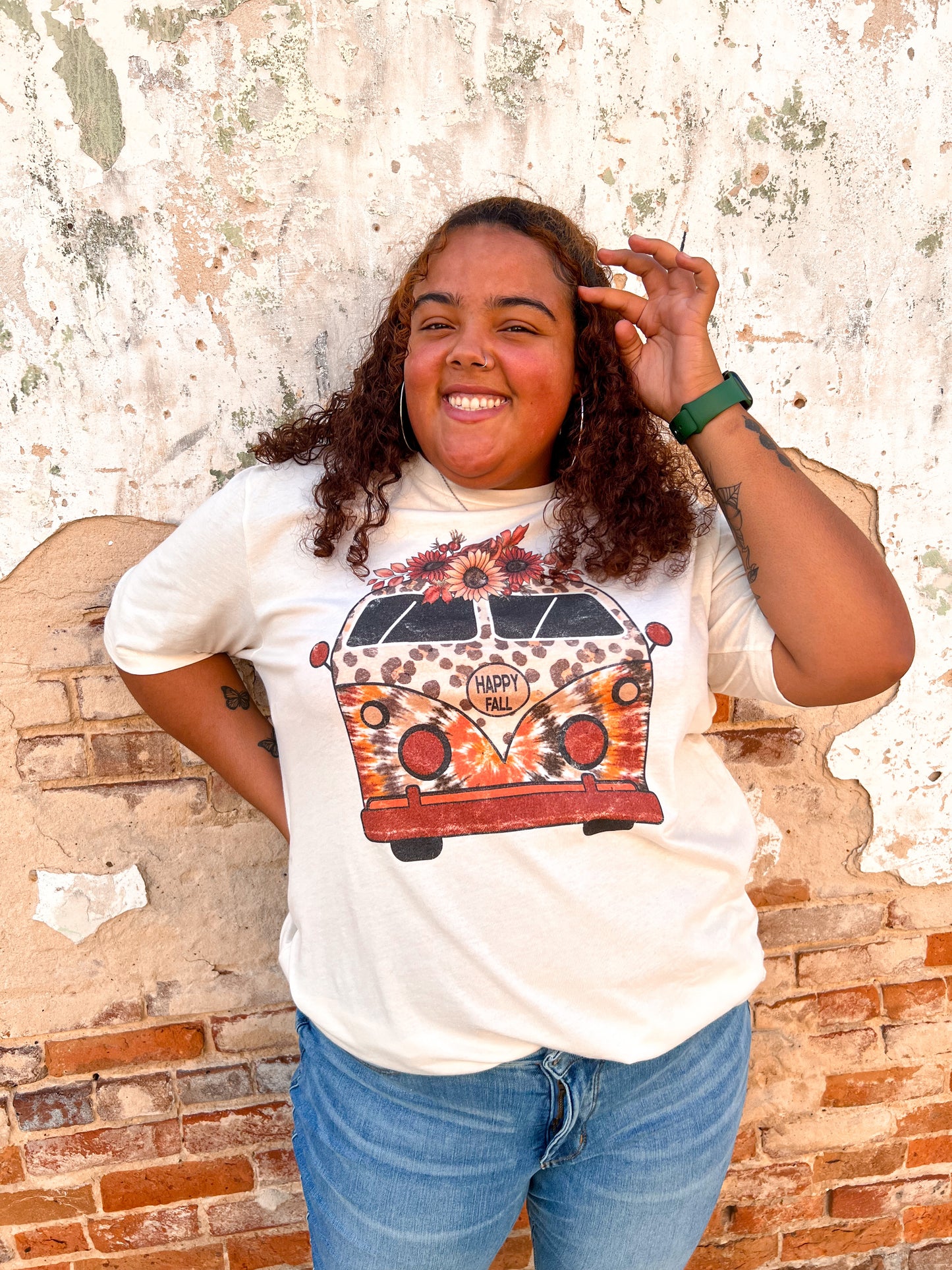 Groovy Leopard Floral Fall Bus Graphic Tee - Plus-Shirts & Tops-Kissed Apparel-white-The Twisted Chandelier