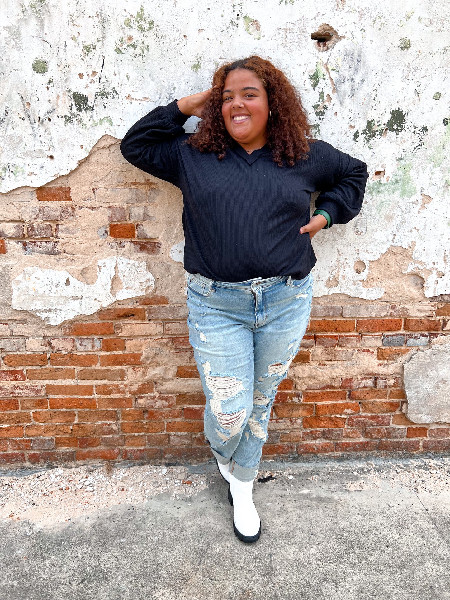 Gianna Textured Solid V-neck Comfy Knit Top - Plus Size-Shirt-VERY J-bin b5-The Twisted Chandelier