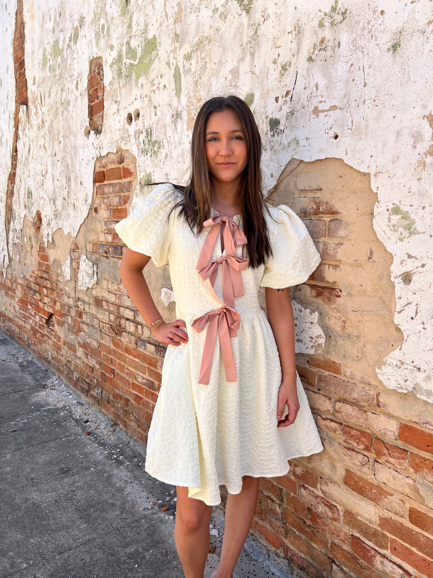 Bianca Bubble Textured Bow Tie Front Dress with Bubble Sleeves - Cream-Dress-idem ditto-1st md,Bin d2,FD 05/13/25,OGP 67.99-The Twisted Chandelier