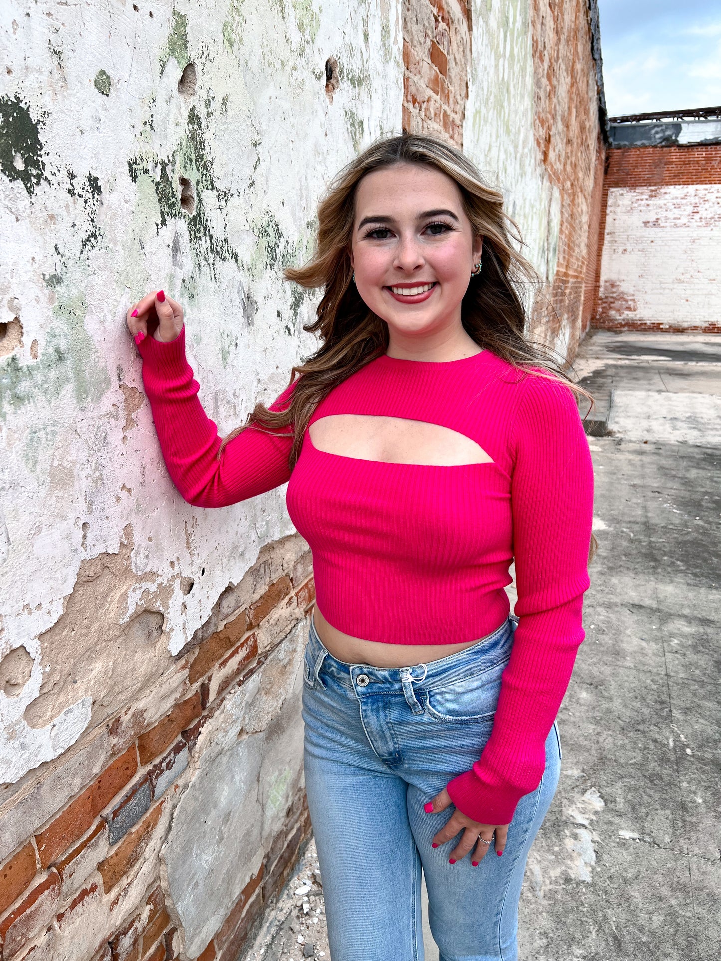 Kaylee Long Sleeve Cropped Cut Out Top - Fuchsia-TOPS-hyfve-bin c3-The Twisted Chandelier