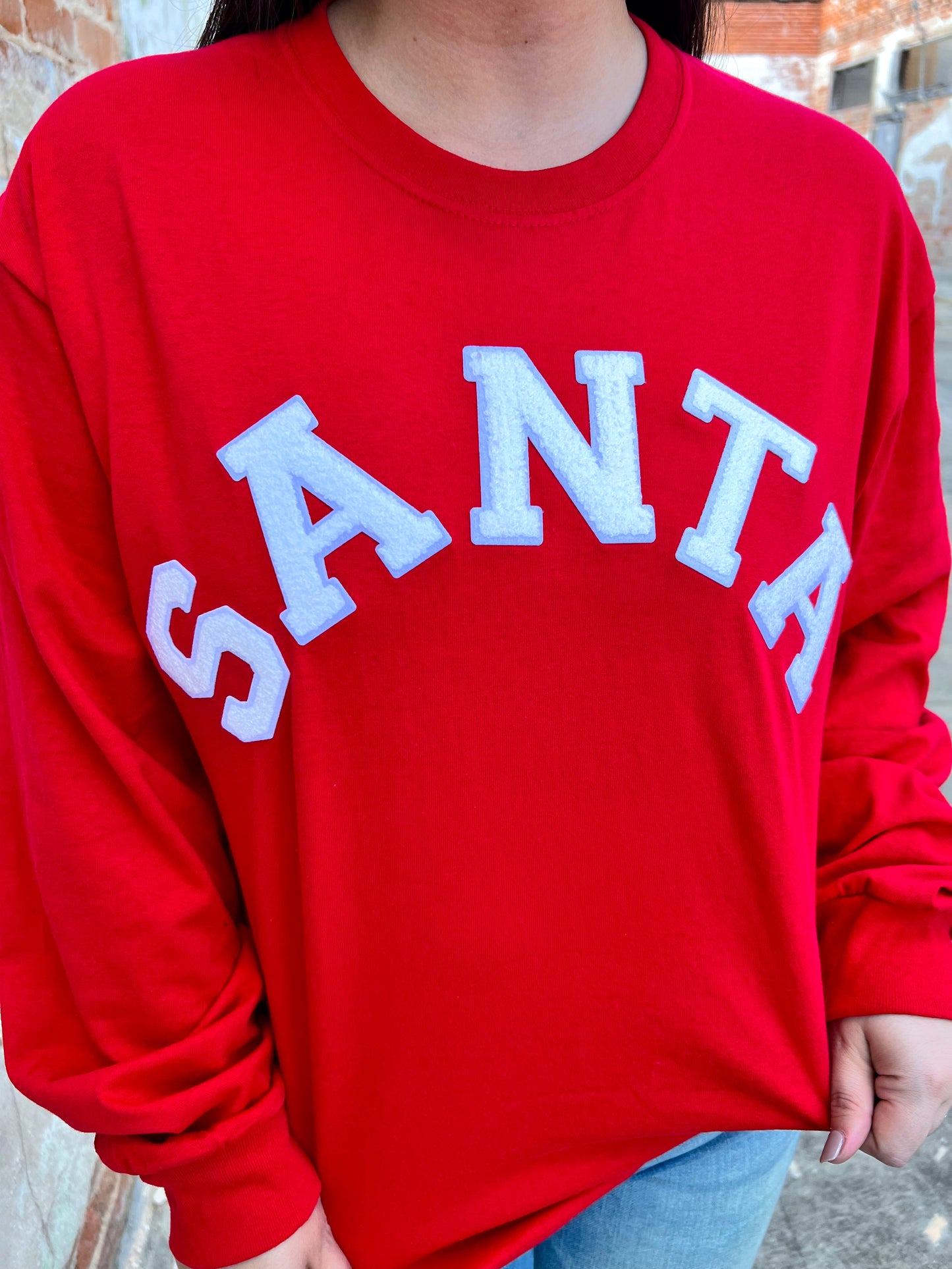 Soft Ideal Chenille Santa Long Sleeve T-Shirt-Top-Tees2urdoor-$25 & Under Sale,Tops Collection-The Twisted Chandelier