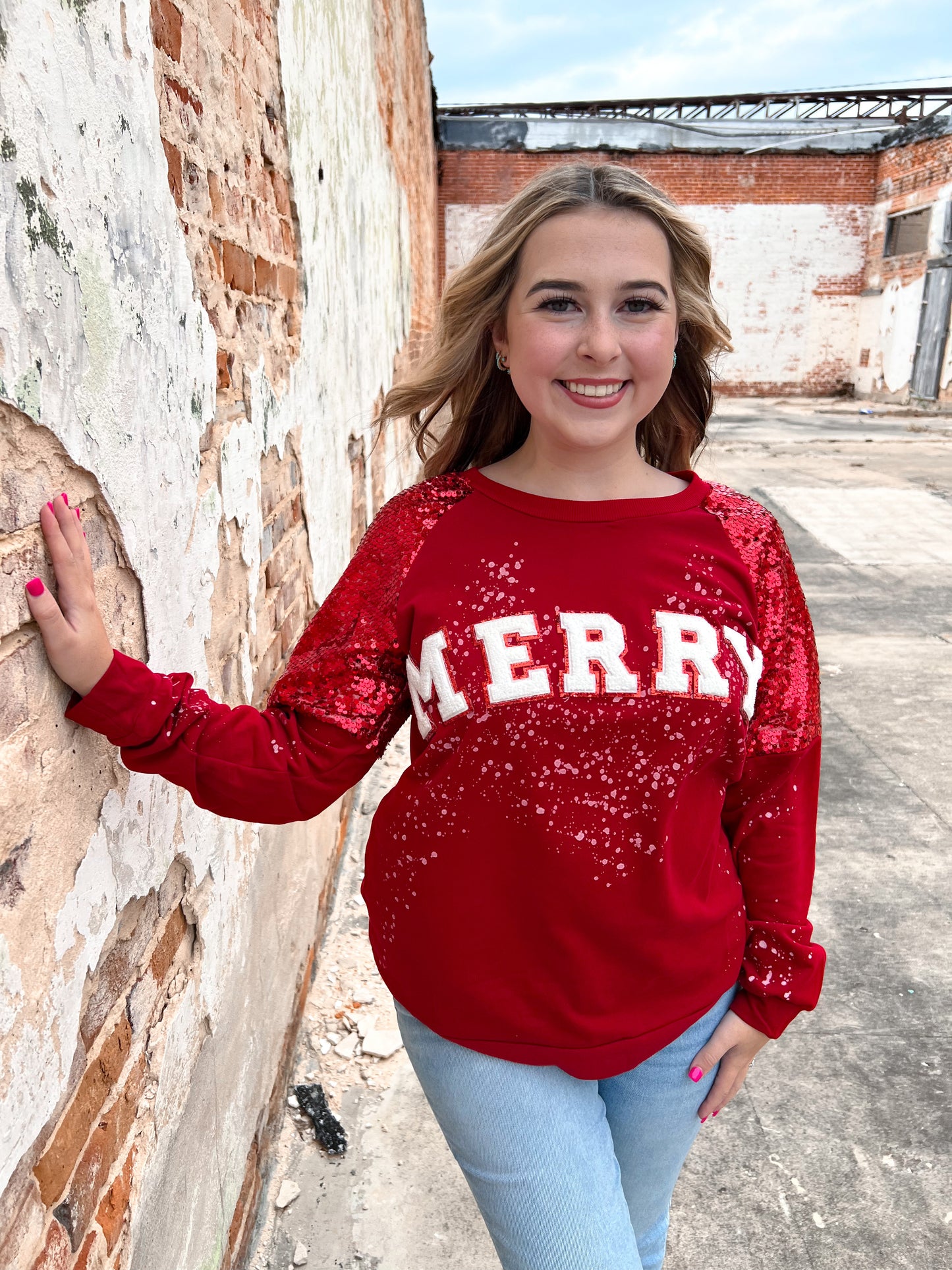 Merry On Sequin Sleeve Sweatshirt-Apparel & Accessories-Southern Grace Wholesale-BIN B4-The Twisted Chandelier