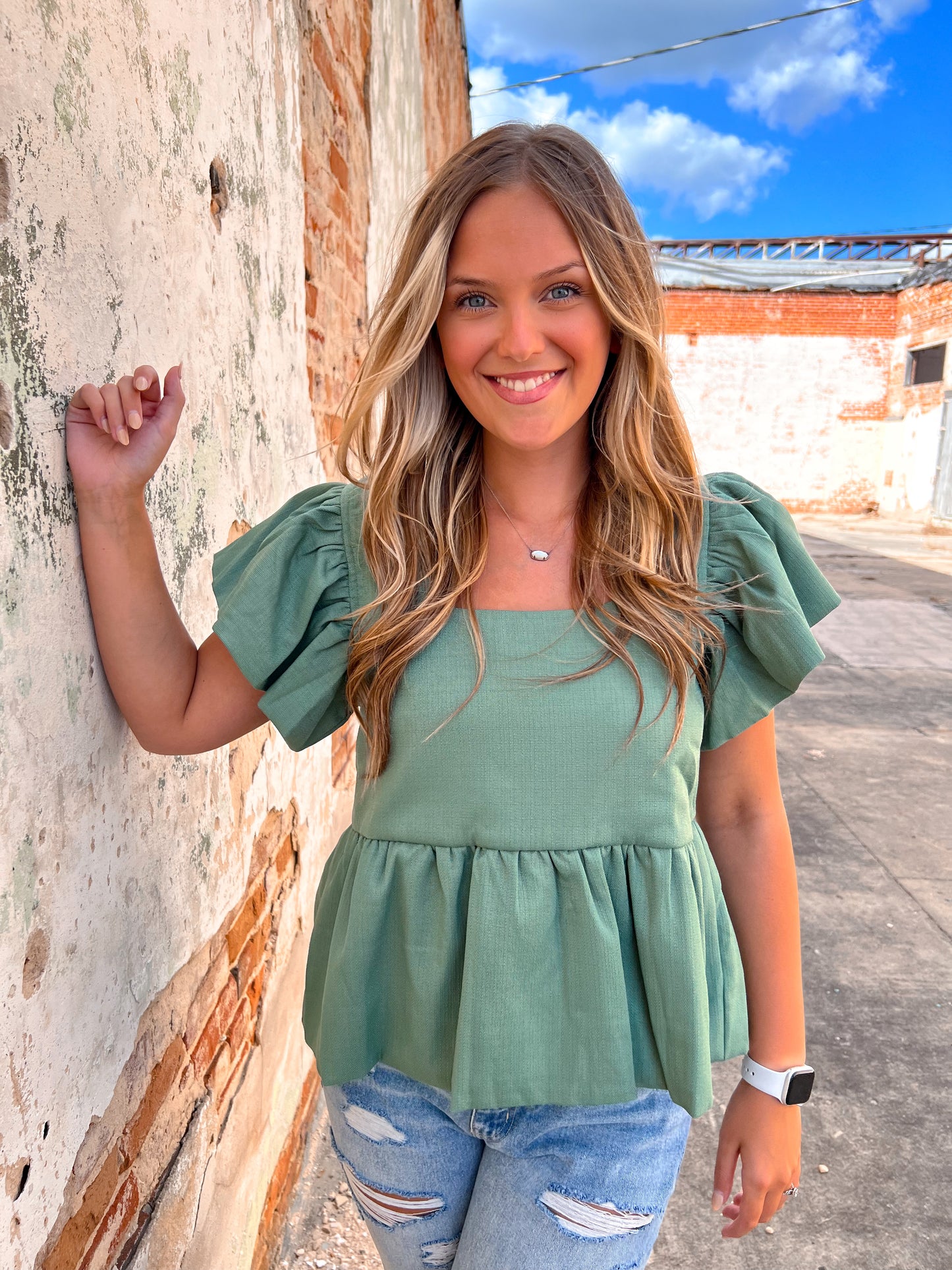 Lenni Textured Solid Square Neck Peplum Top Featuring Ruffle Sleeves.-Top-Entro-7/25/23-The Twisted Chandelier