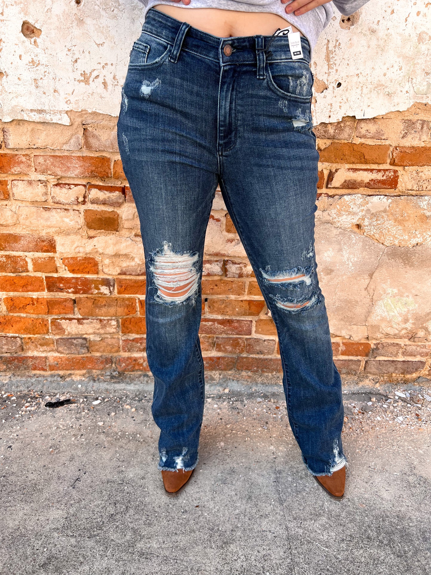 Kyndal Midrise Hi Contrast Slim Bootcut w Destroy Judy Blue-Jeans-JUDY BLUE-bin d5-The Twisted Chandelier