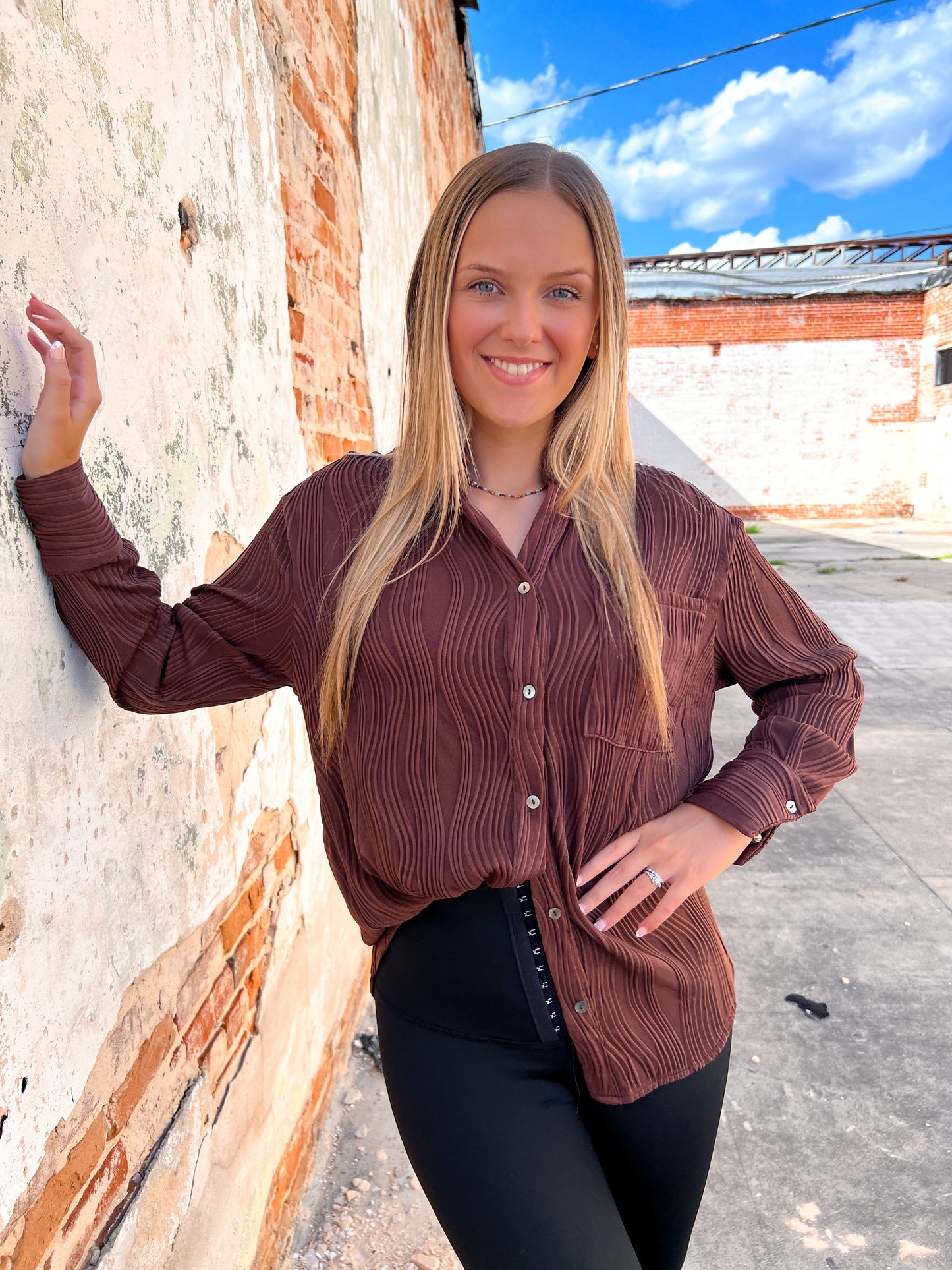 Bella Solid Textured Long Sleeve Button Up Top - Chocolate-TOP-Entro-Max Retail-The Twisted Chandelier