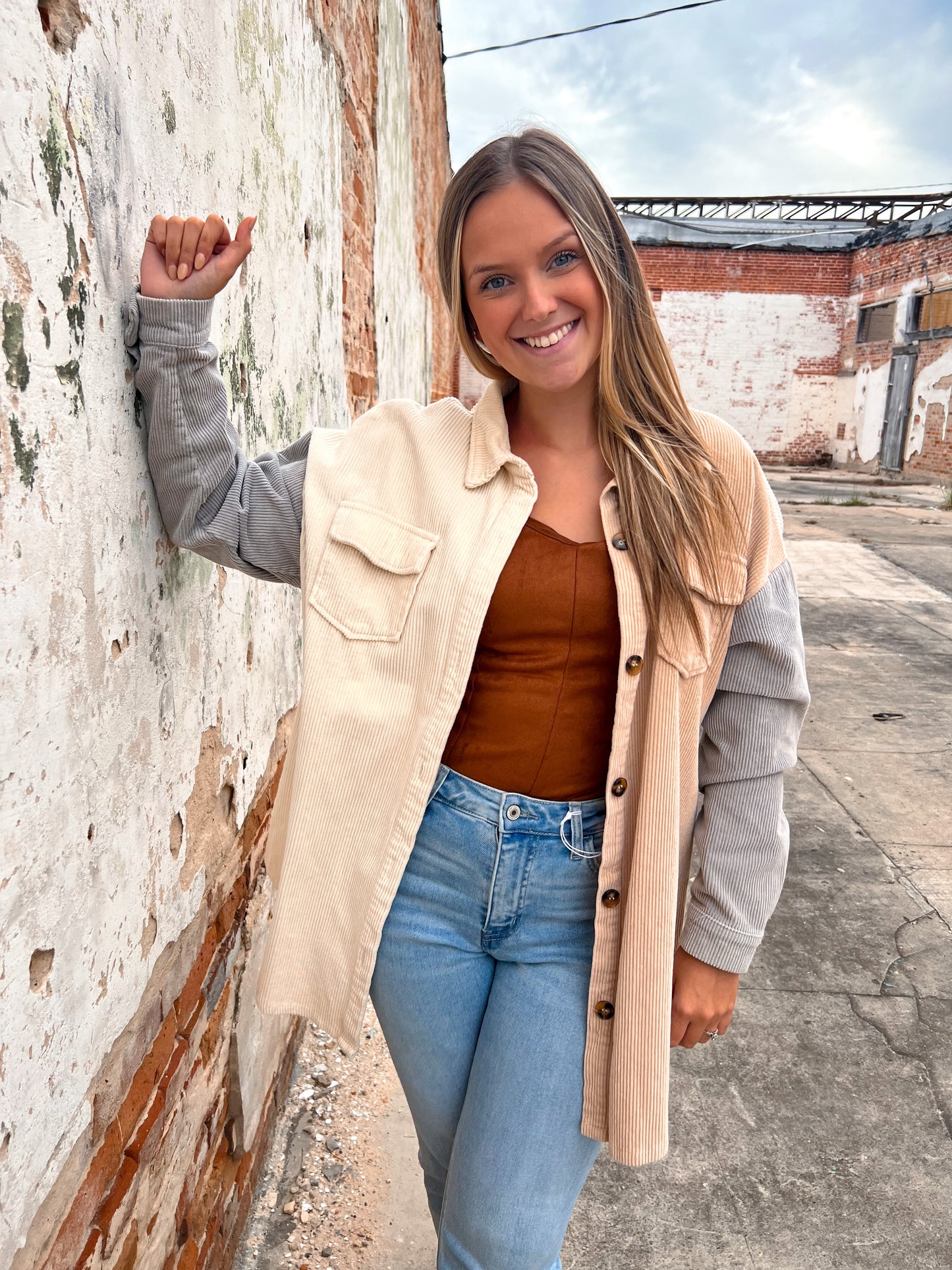 Dawn Vintage Wash Color Block Corduroy Shacket-Shirts & Tops-BiBi-IP6039G, jacket, Shirt, shirt jacket, t2-The Twisted Chandelier