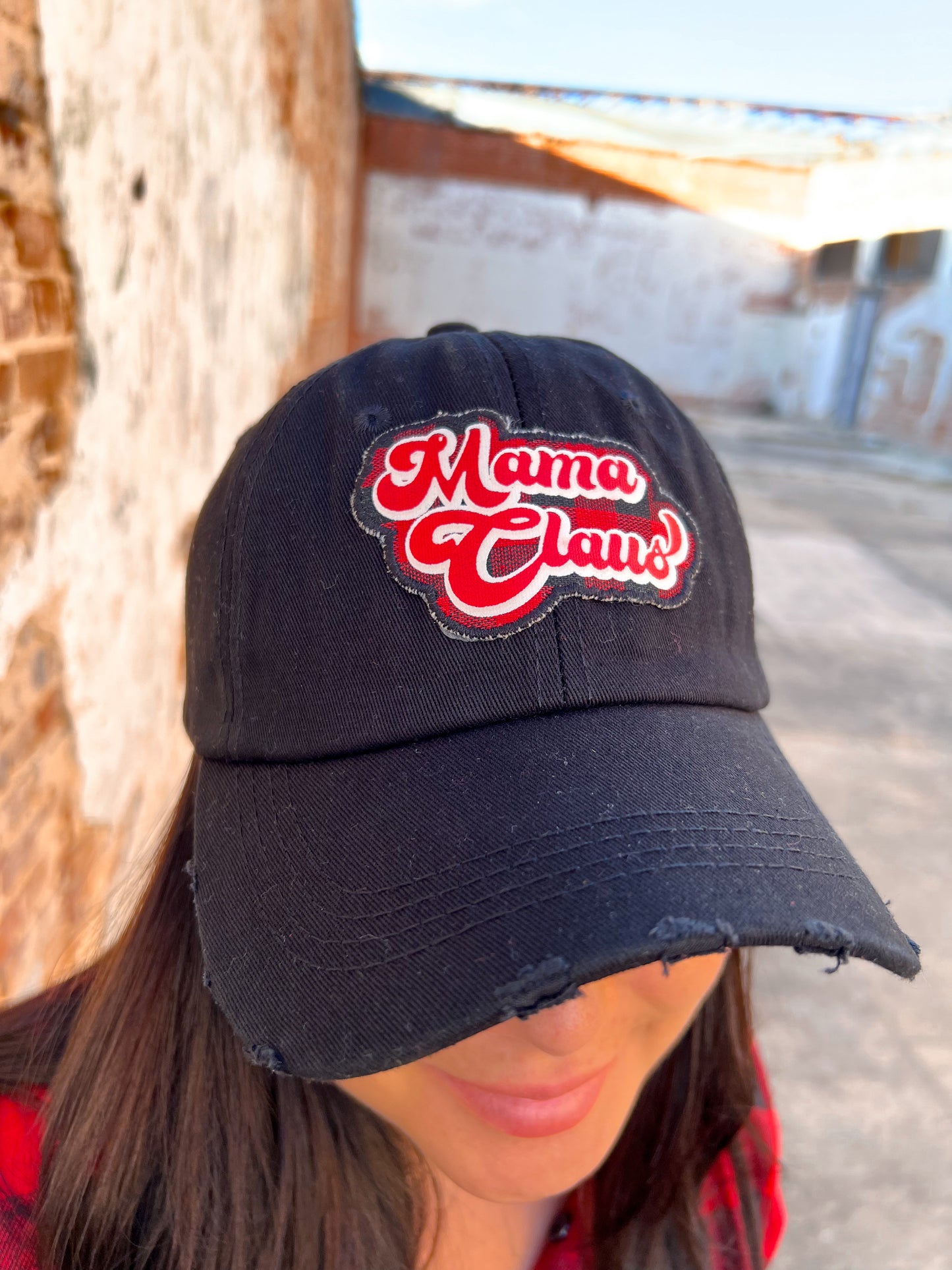 Mama Clause Patch On Black Distressed Hat-Hat-Southern Grace Wholesale--The Twisted Chandelier