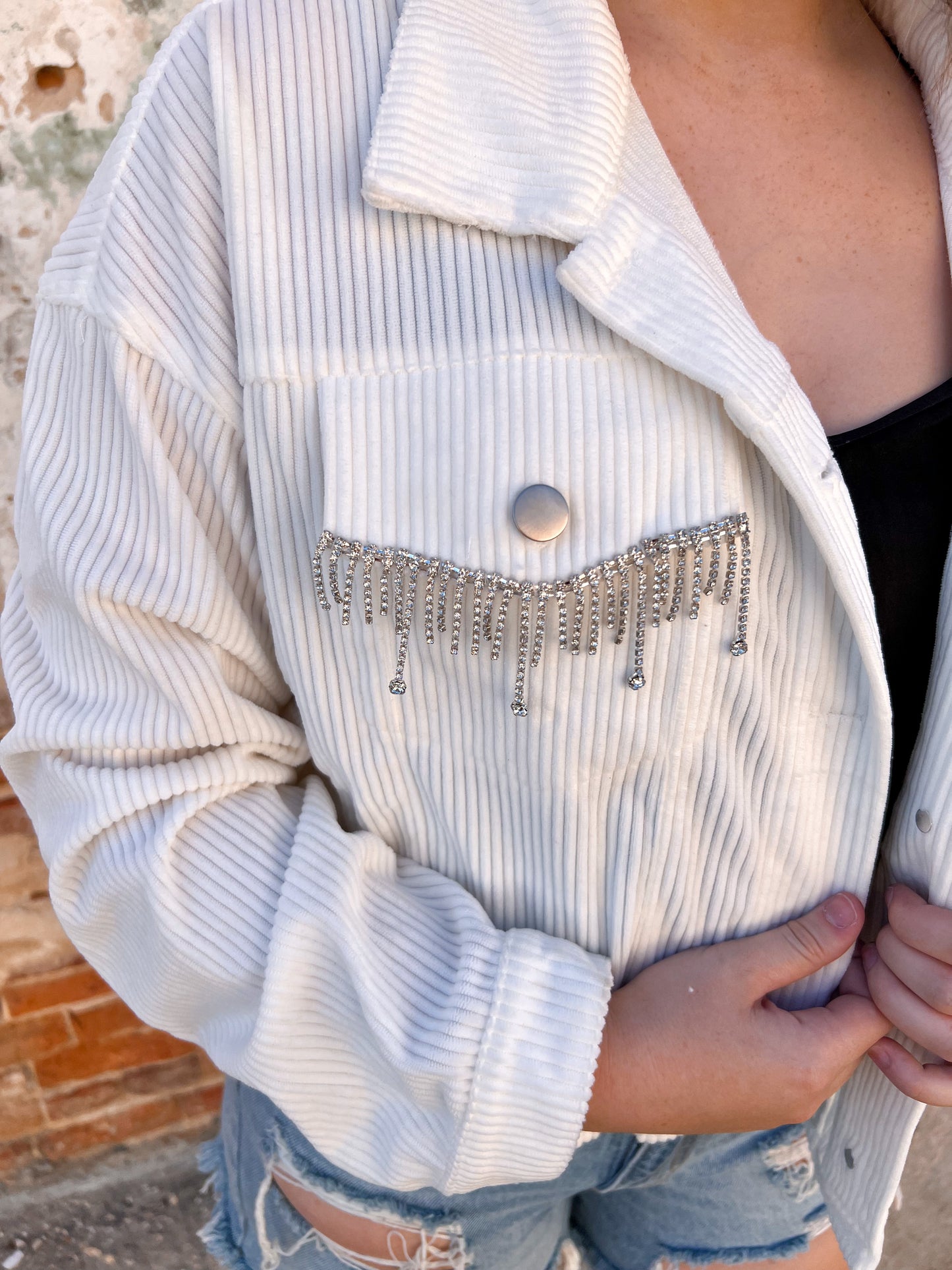 Natalie Rhinestone Cropped Jacket - White-Jacket-Andree-BIN C2-The Twisted Chandelier