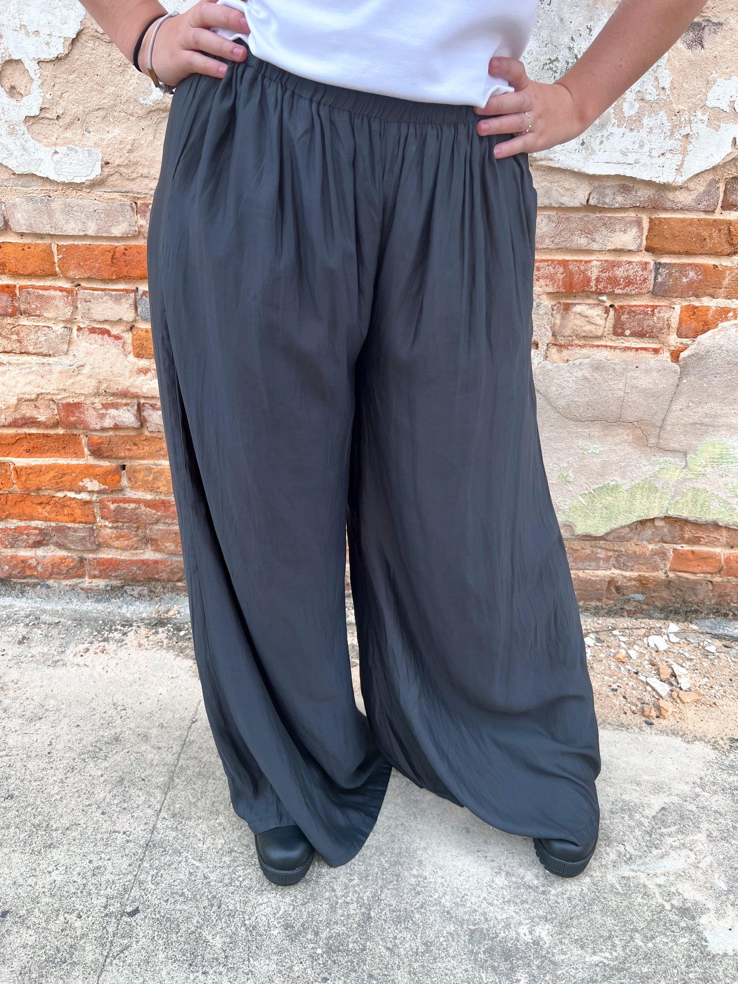 Zoey Shine Satin Palazzo Pants-Pants-Kori America-bin A5-The Twisted Chandelier