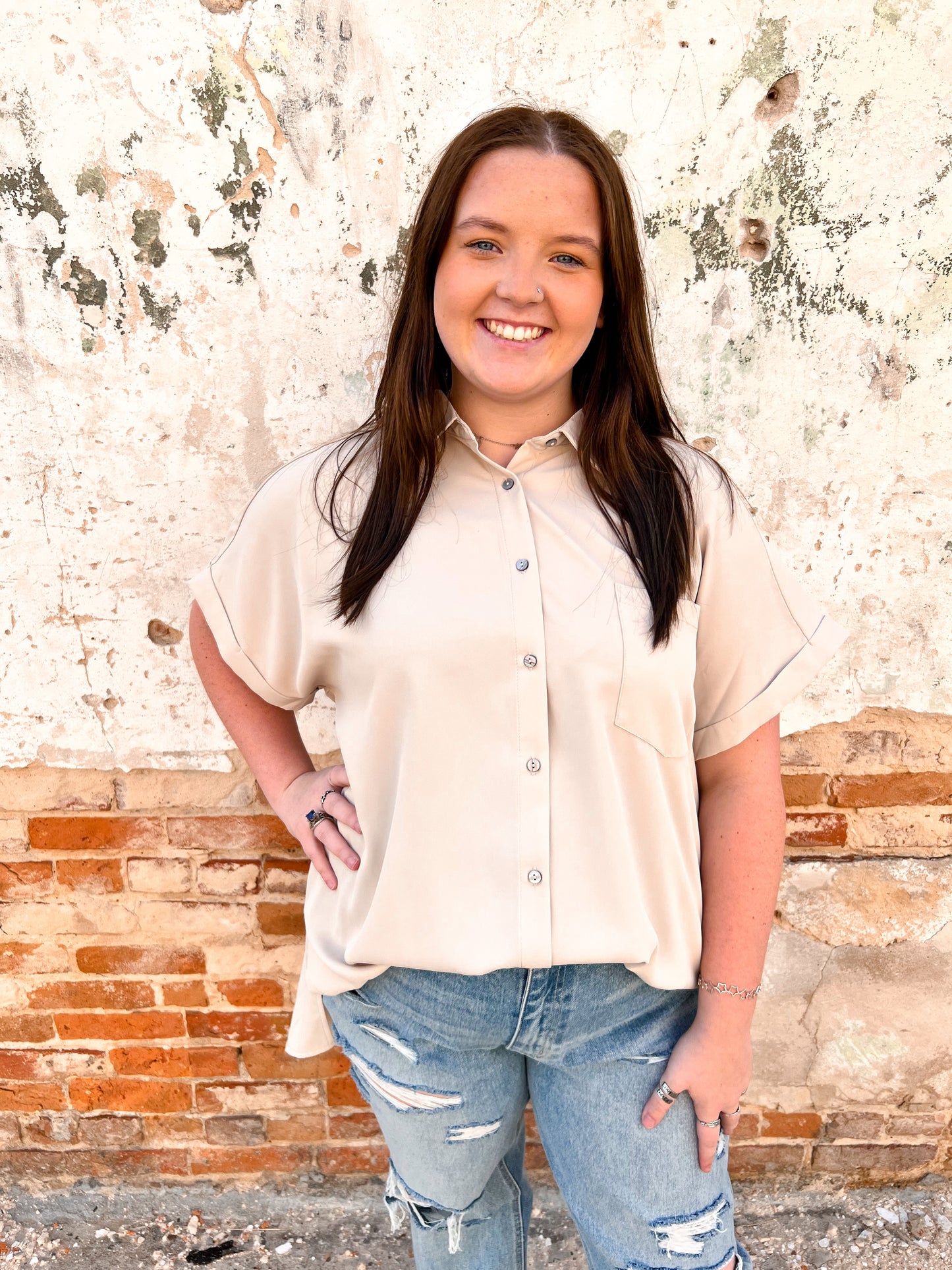Brooklyn Solid Button Down Collared Top - Plus-BLOUSE TOP-Entro-BIN A3-The Twisted Chandelier