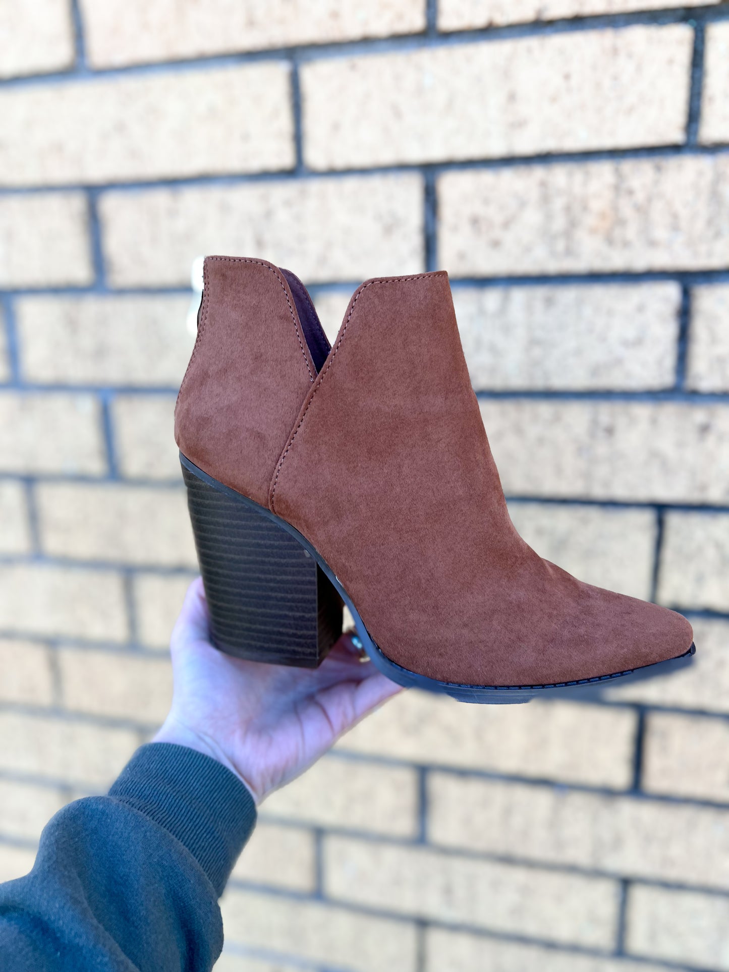 Camel Faux Suede Bootie-Boots-Qupid-09/12/23, Max Retail-The Twisted Chandelier