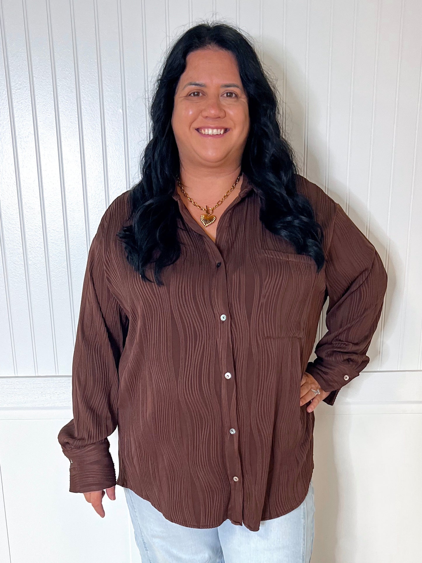 Bella Solid Textured Long Sleeve Button Up Top Plus - Chocolate-TOP-Entro-05/27/24,1st md,BIN D3,Max Retail,Tops Collection-The Twisted Chandelier