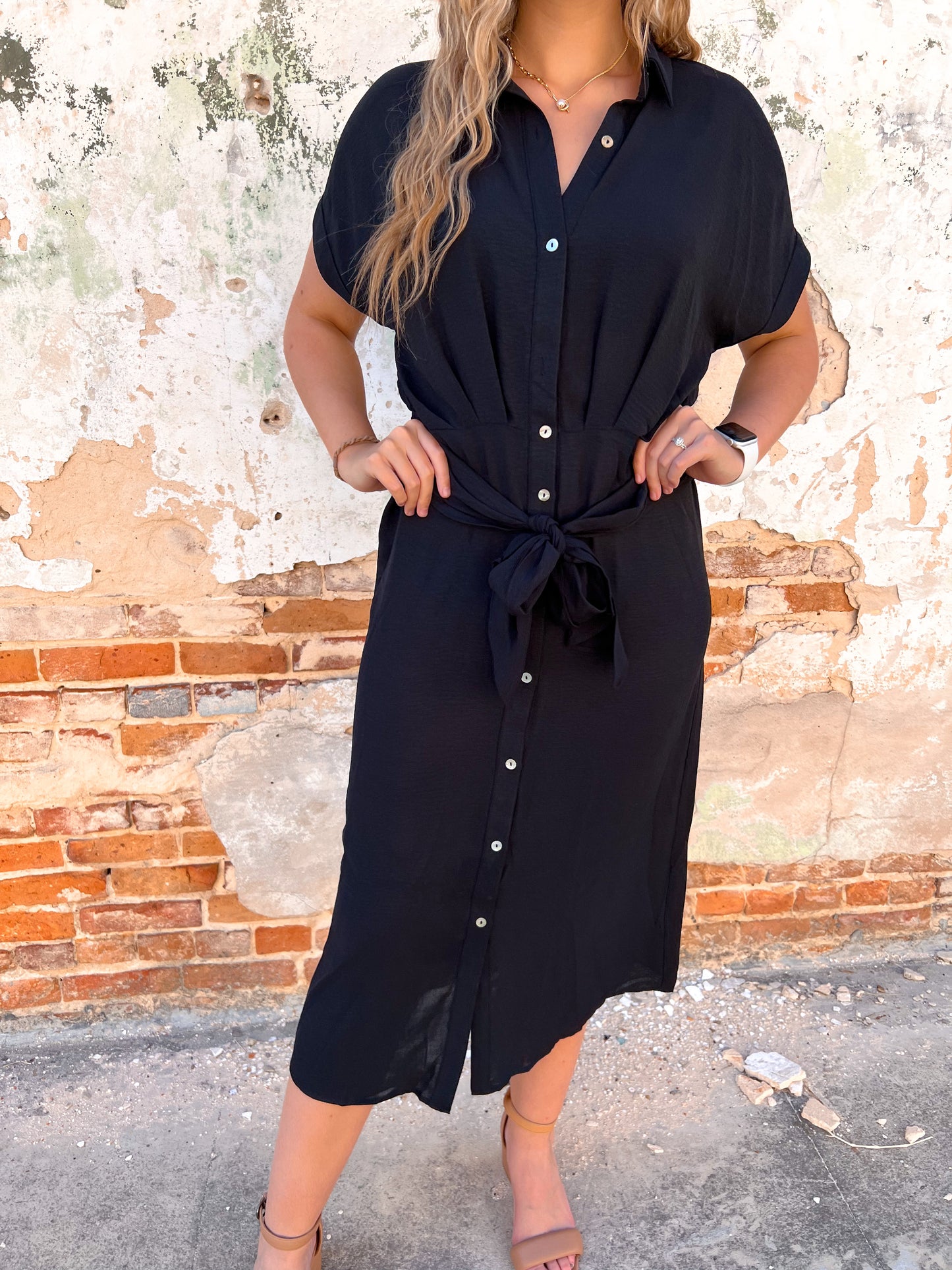 Elisabeth Button Up Tie Dress - Black-Dress-Umgee--The Twisted Chandelier