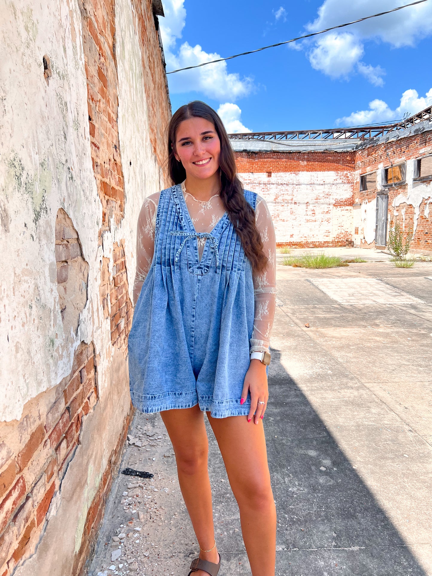Jesse Pleated V Neck Denim Romper | Medium Wash-Romper-Veveret-CR 08/14/24,FD 08/20/24-The Twisted Chandelier