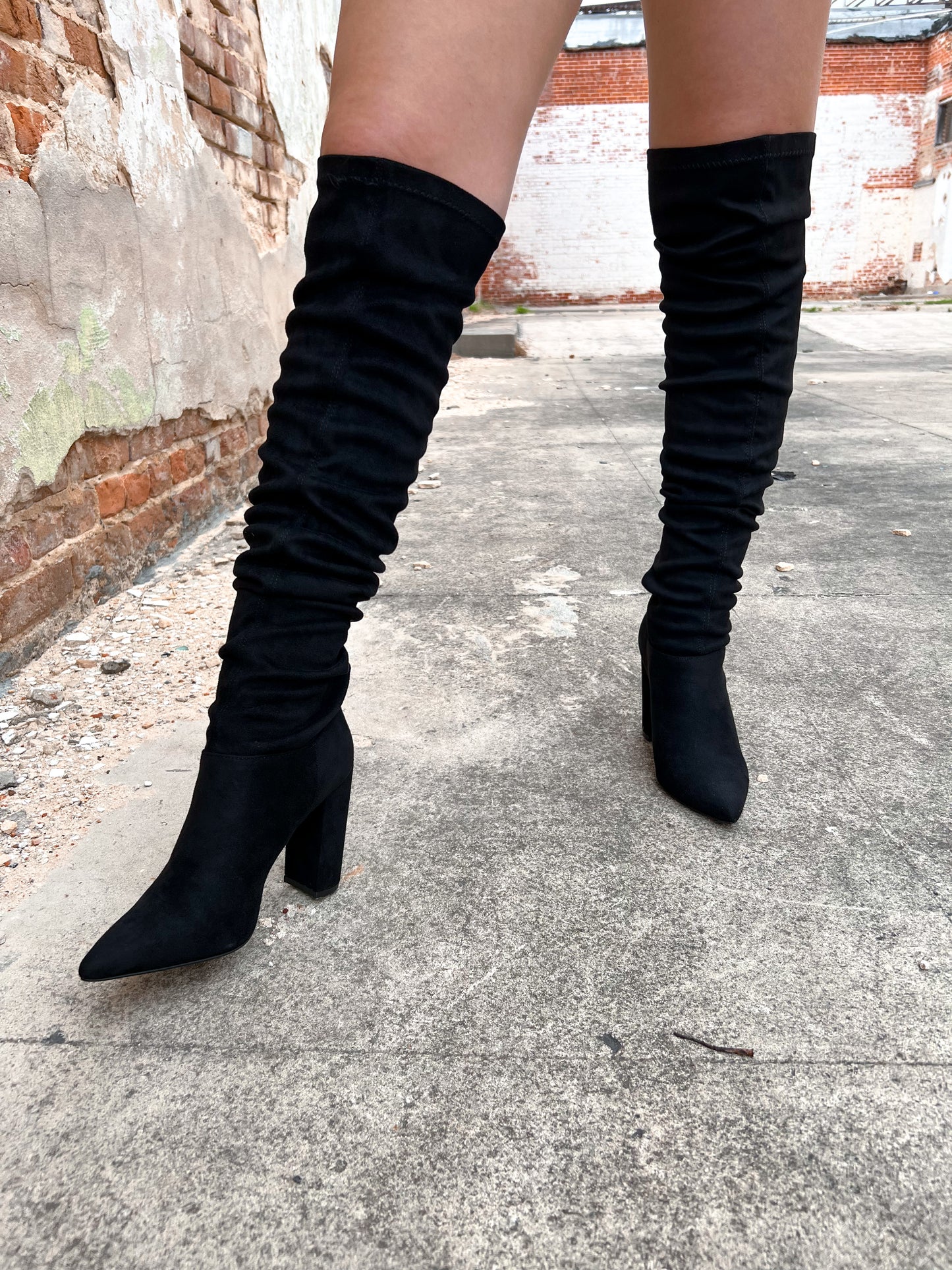 Over the Knee Black Stretch Faux Suede Boots-Boots-Qupid-09/12/23, Max Retail-The Twisted Chandelier