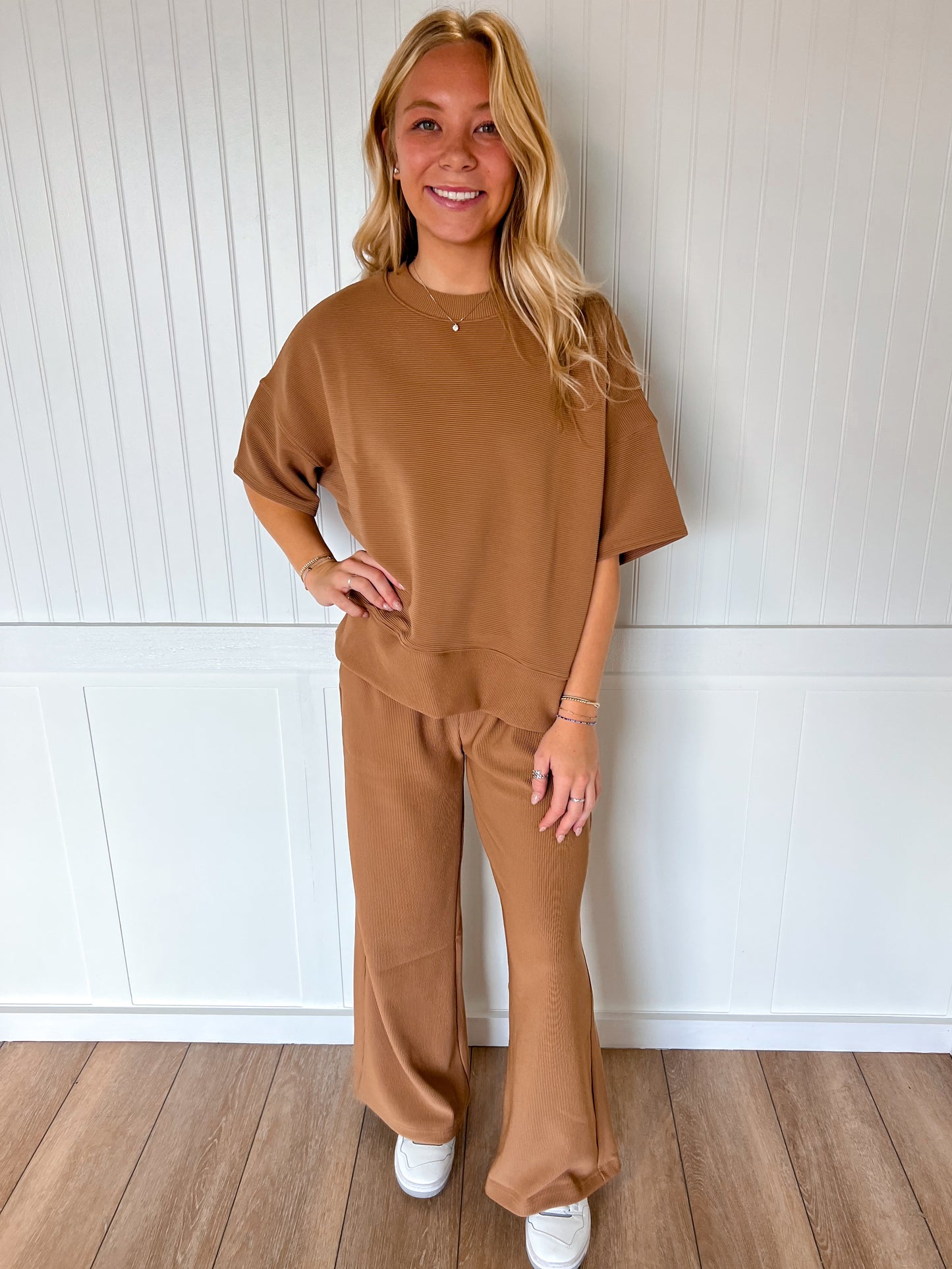 Jovie Ribbed Round Neck Tee & Pants Set – Soft Knit Two-Piece Lounge Outfit - Deep Camel-Outfit Sets-Zenana-FD 11/6/25-The Twisted Chandelier