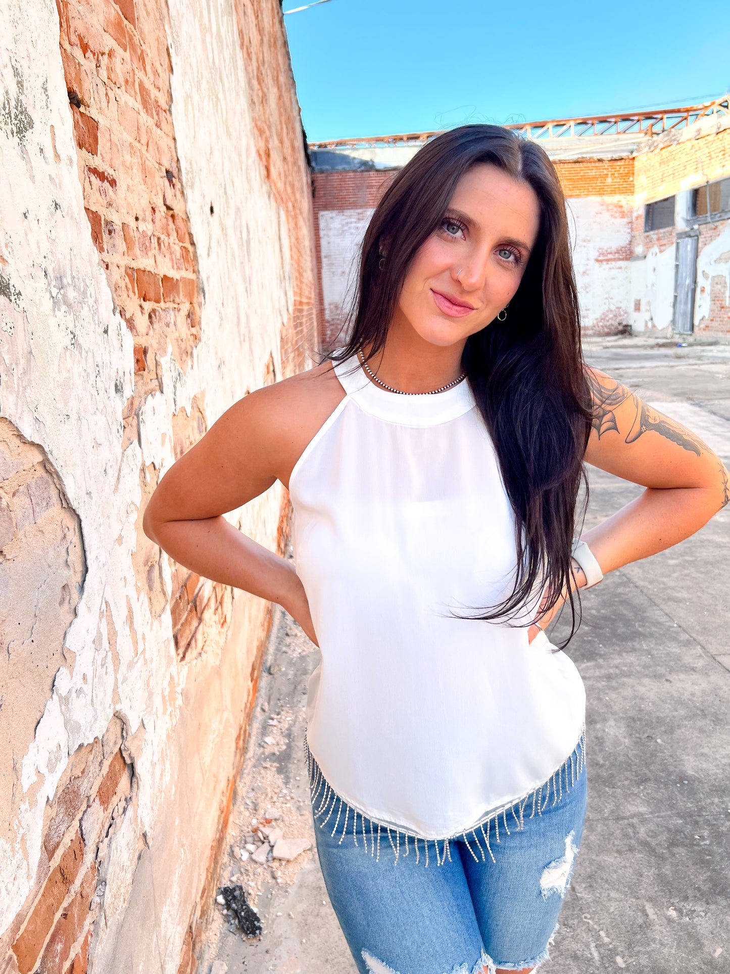 Maelani White Top With Rhinestone Fringe-Shirt-Southern Grace Wholesale-6/27/23-The Twisted Chandelier