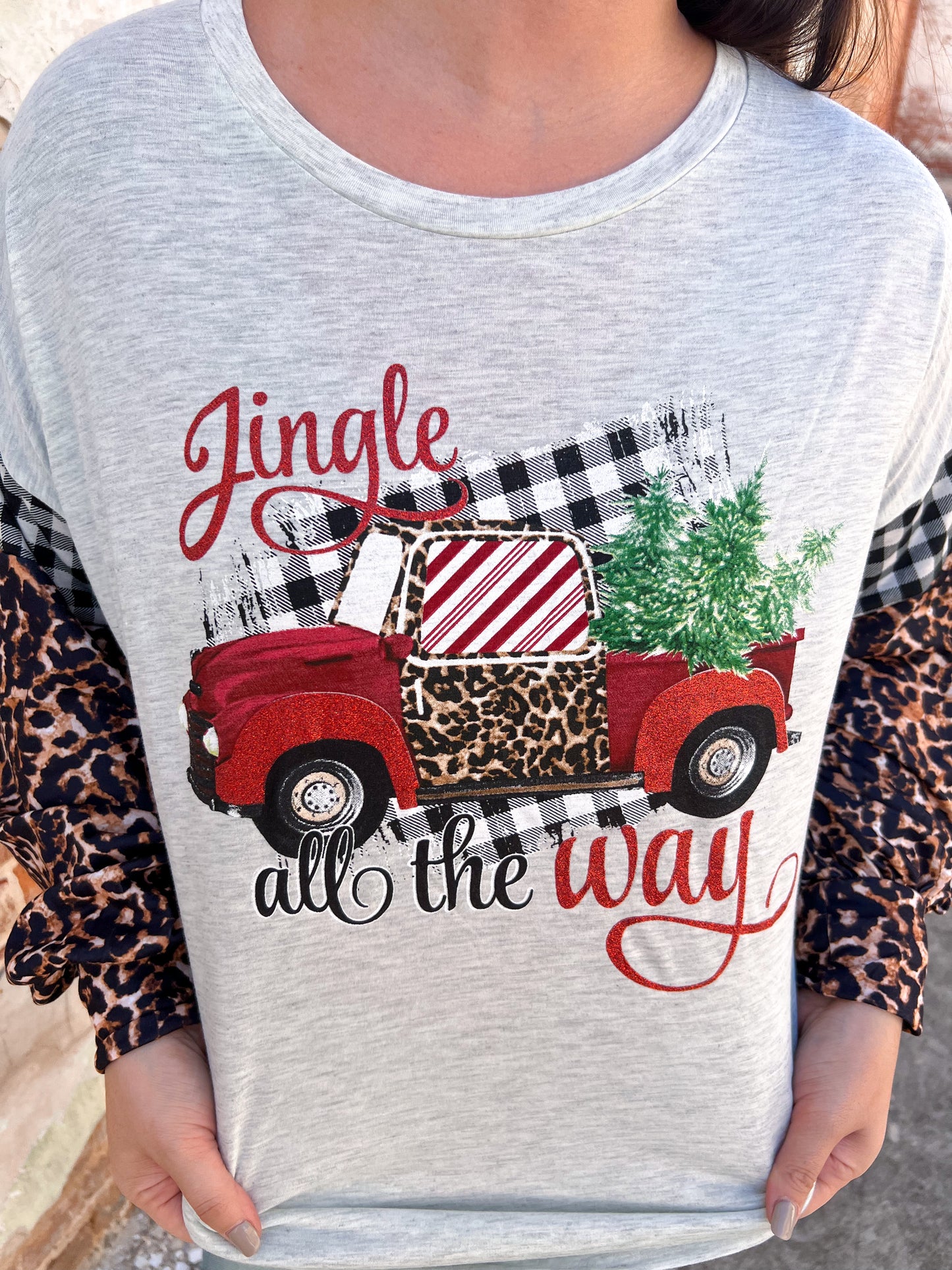 Jingle Festive Truck Christmas Long Sleeve-Graphic T-Shirt-Southern Grace Wholesale--The Twisted Chandelier